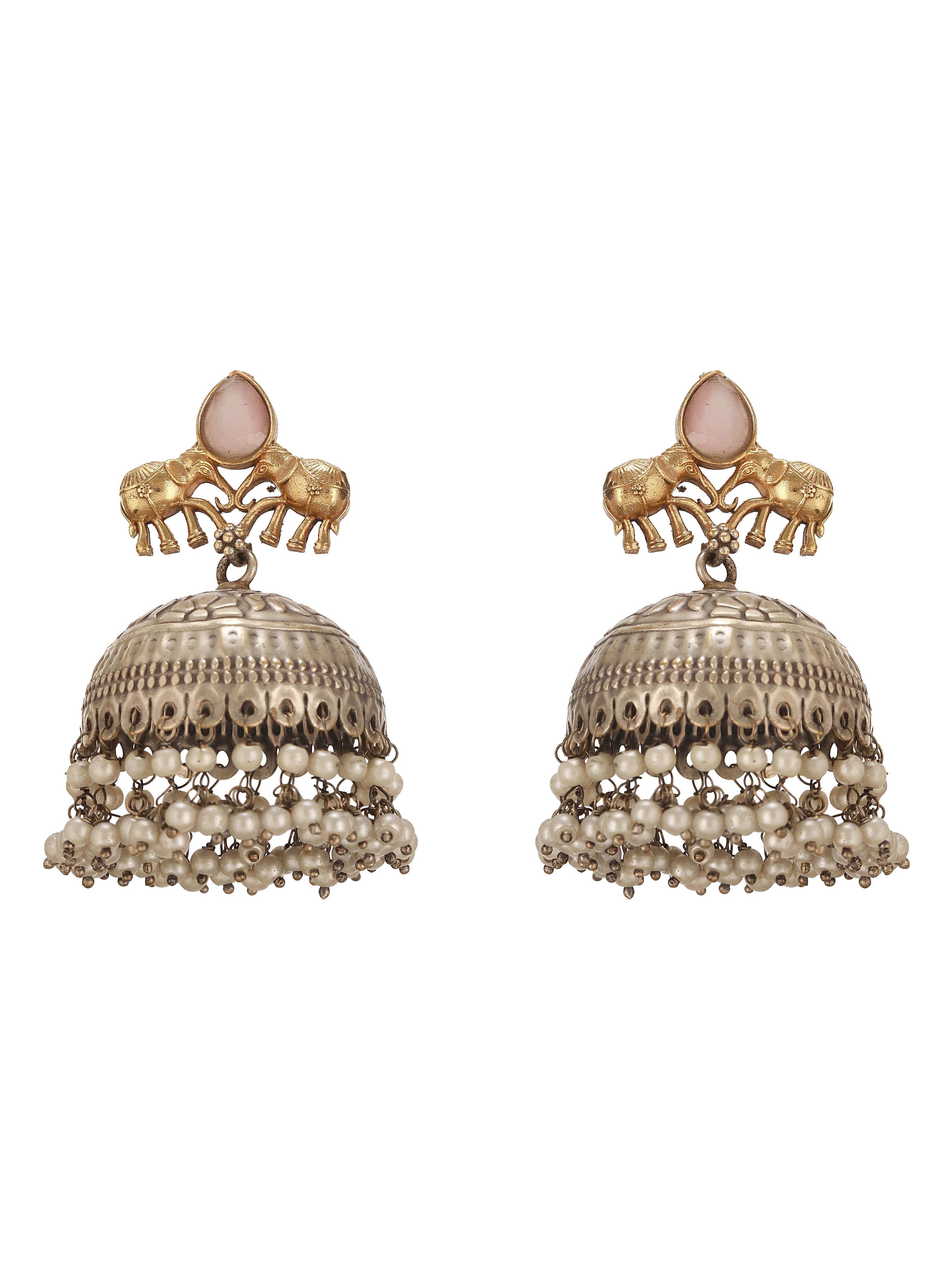 Oxidised Silver Plated Fusion Contemporary  Elephant Motif Statement Hasli With Jhumka Jewellery Set