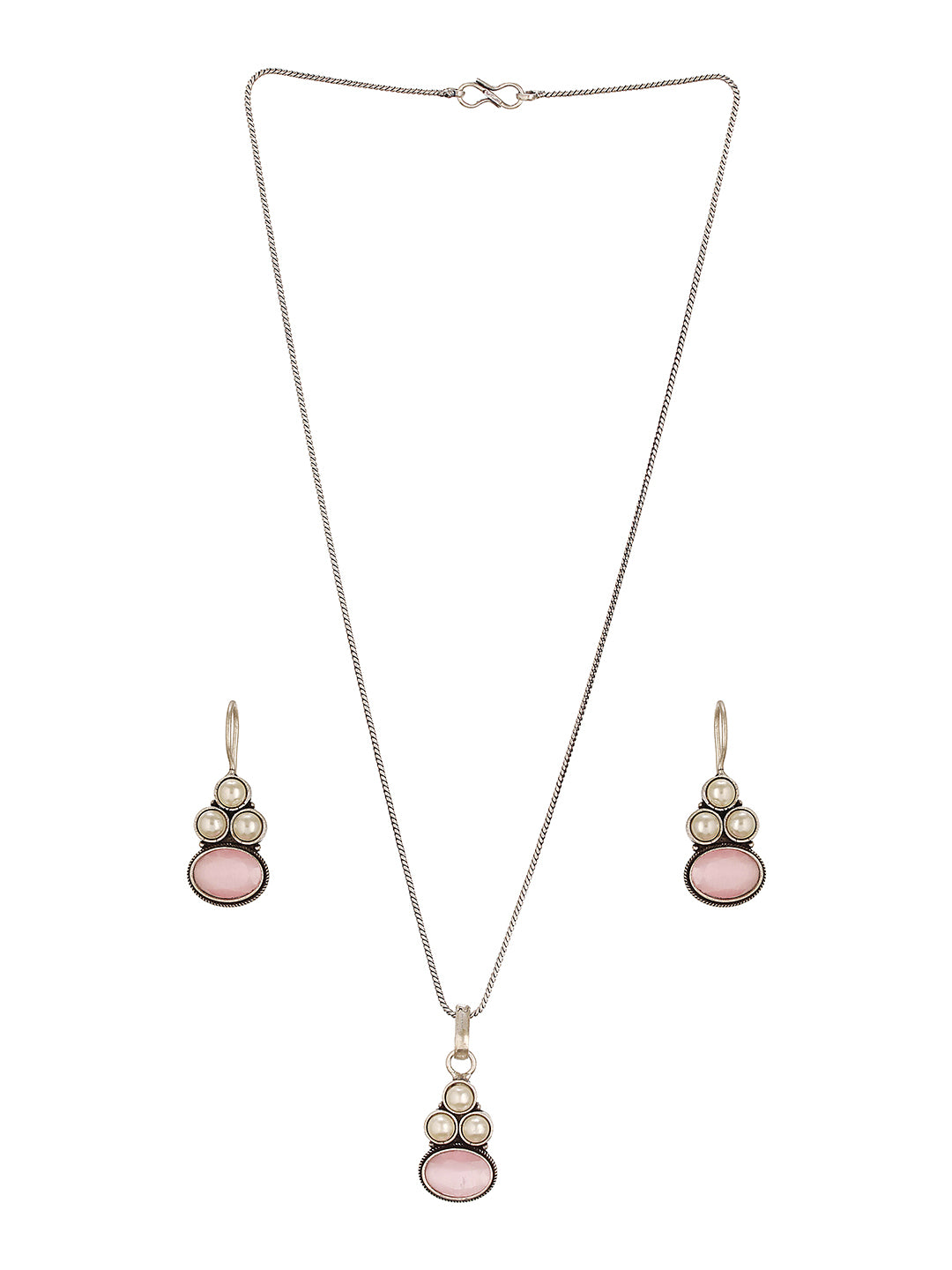 Oxidised Silver Toned Pink  Stone & Pearl Beaded Minimal Pendant Chain Jewellery Set