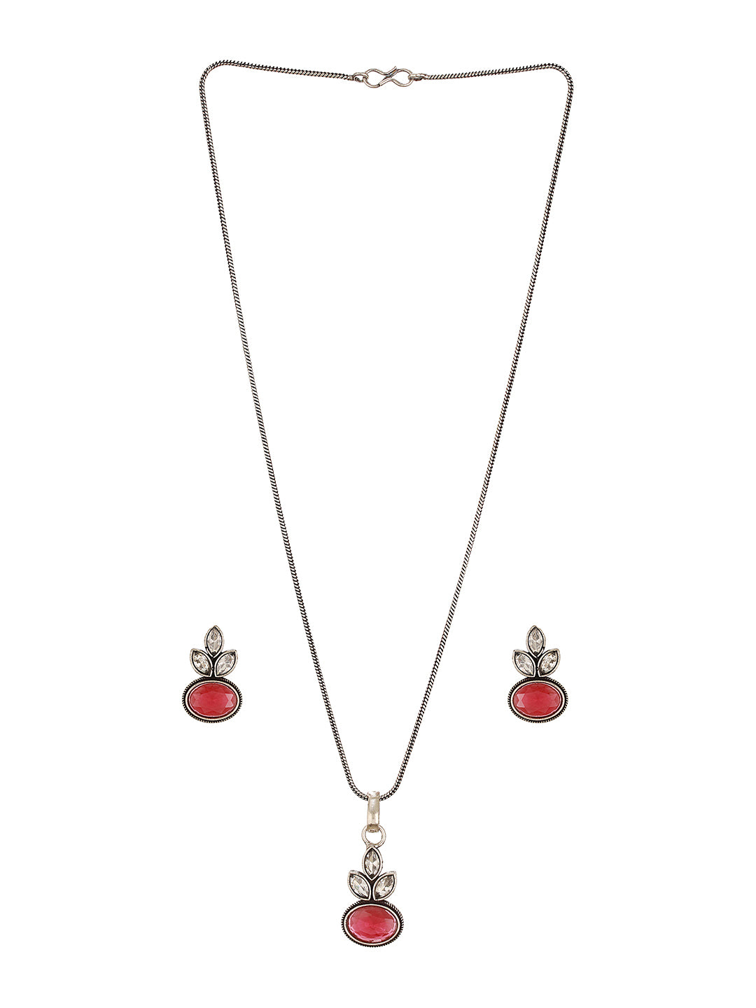 Oxidised Silver Toned Ruby Red  & White Stone Studded Floral Minimal Pendant Chain Jewellery Set