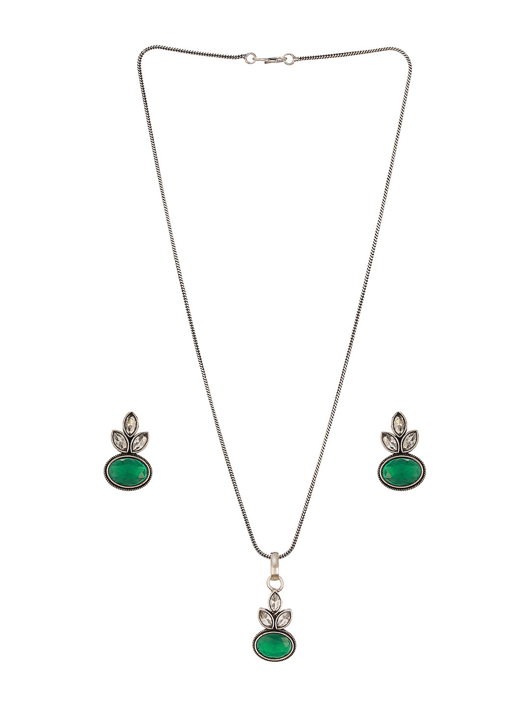 Oxidised Silver Toned  Emerald Green & white Stone Studded Floral Minimal Pendant Chain Jewellery Set