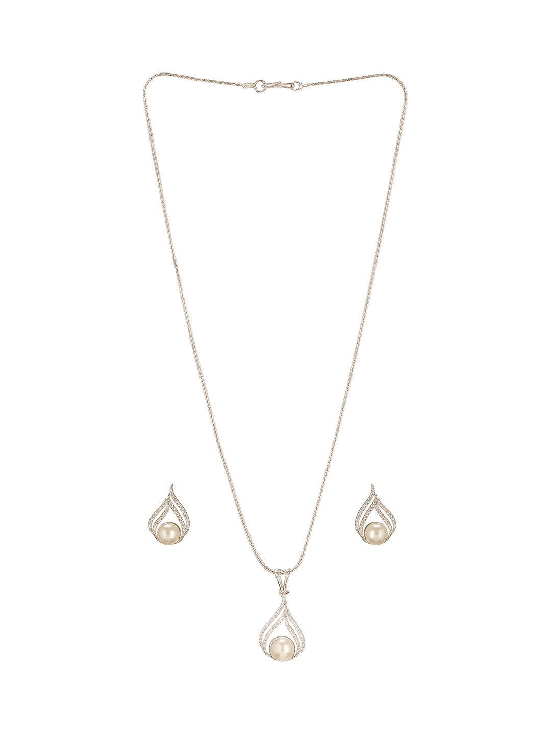 Silver Plated AD & Pearl Beaded Minimal  Delicate  Pendant With Chain Jewellery Set