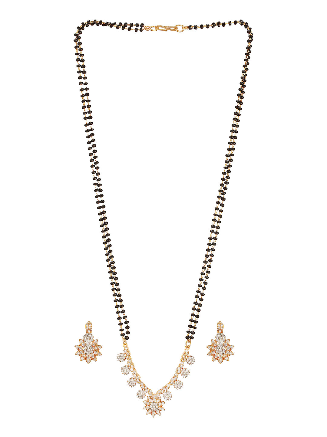 Gold Toned AD Studded Black Beads Studded  Designer Floral  Mangalsutra Jewellery Set