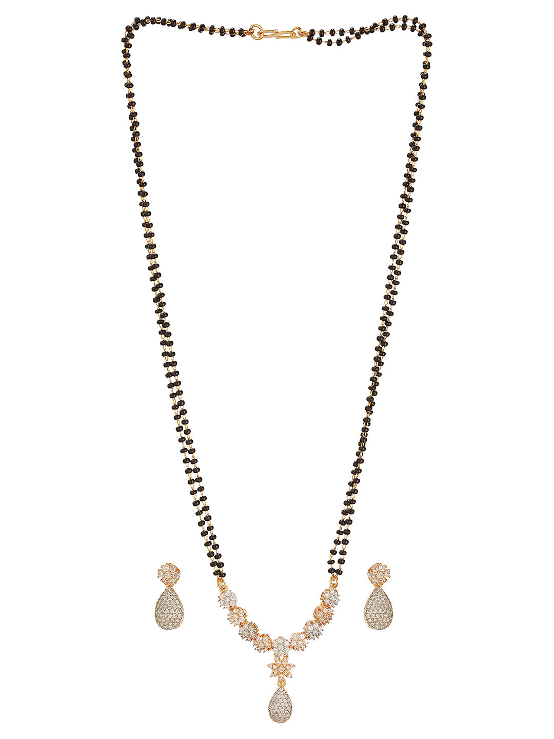 Gold Toned AD Studded Black Beads Studded  Designer Solitaire Type Mangalsutra Jewellery Set