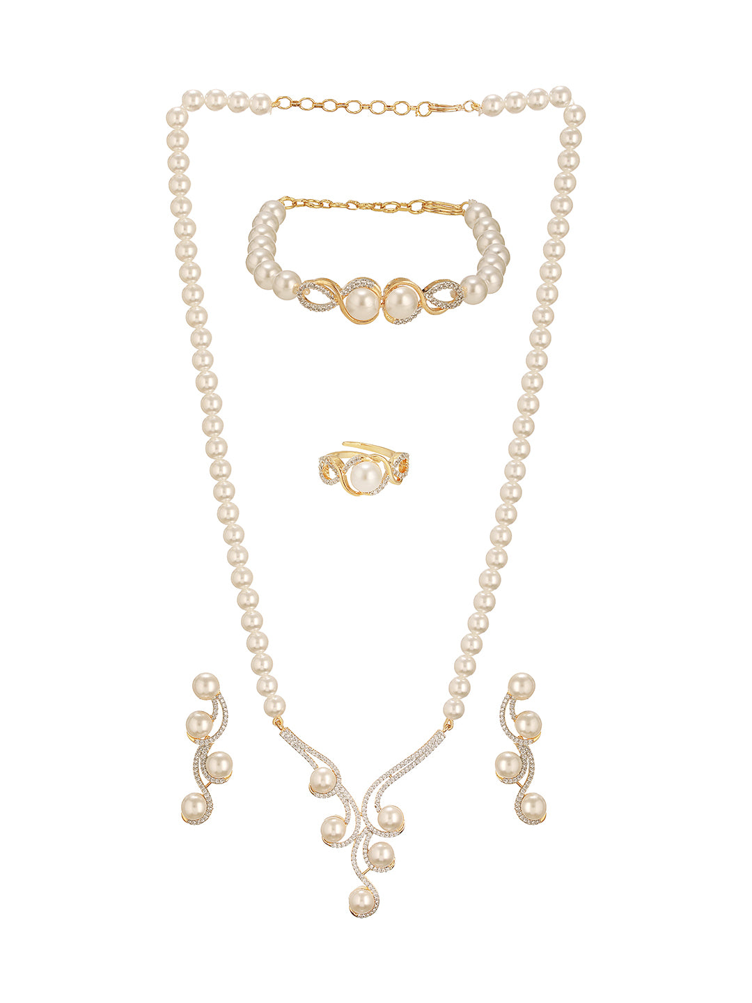 Combo Gold Plated White AD & Pearl Studded Floral Minial Ring, Bracelet With Earrings Jewellery Set