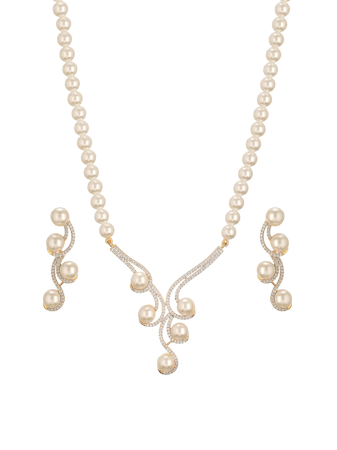 Combo Gold Plated White AD & Pearl Studded Floral Minial Ring, Bracelet With Earrings Jewellery Set