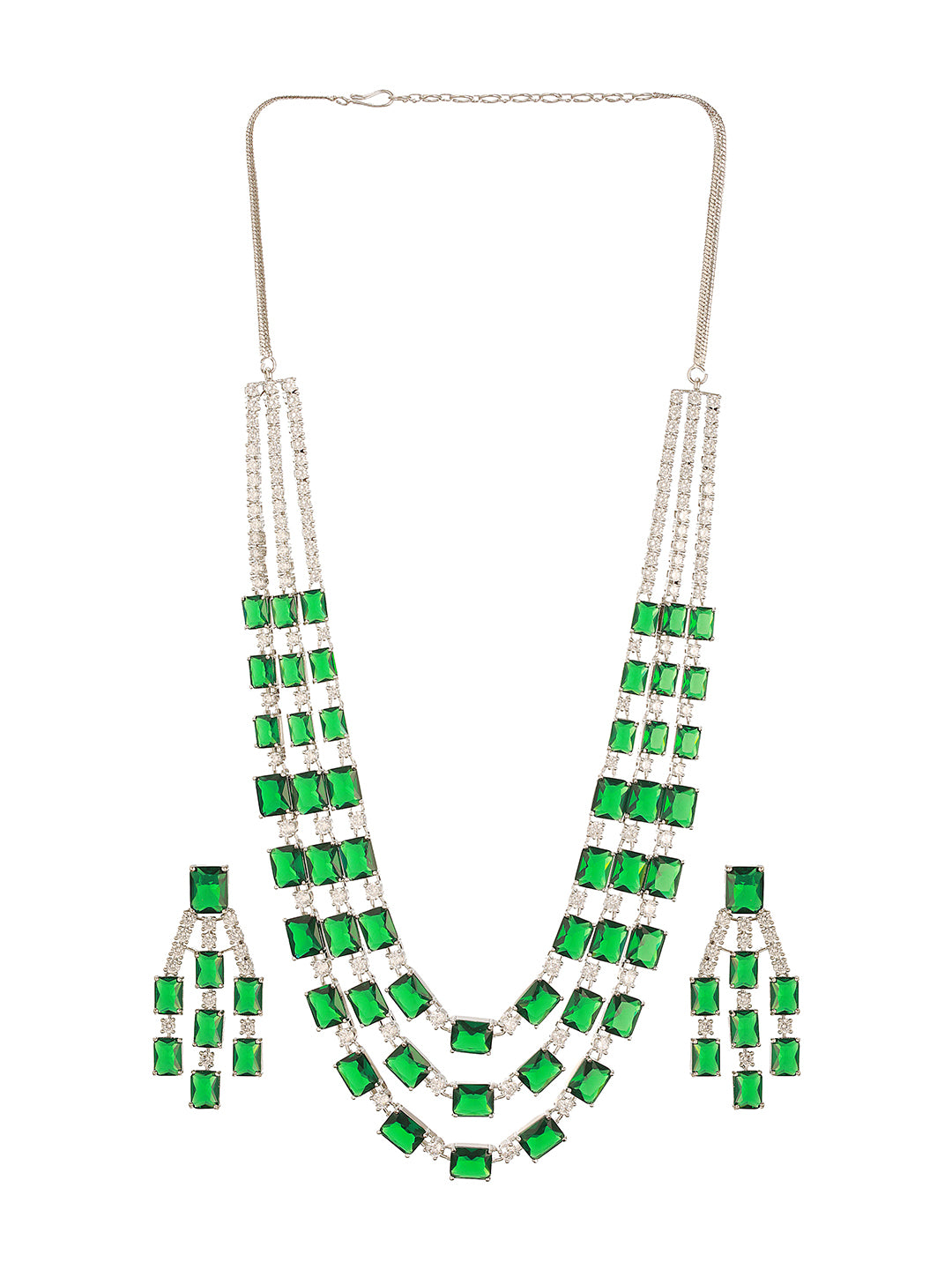 Silver Plated Emerald Green  AD Studded Layered Statement Necklace Jewellery Set