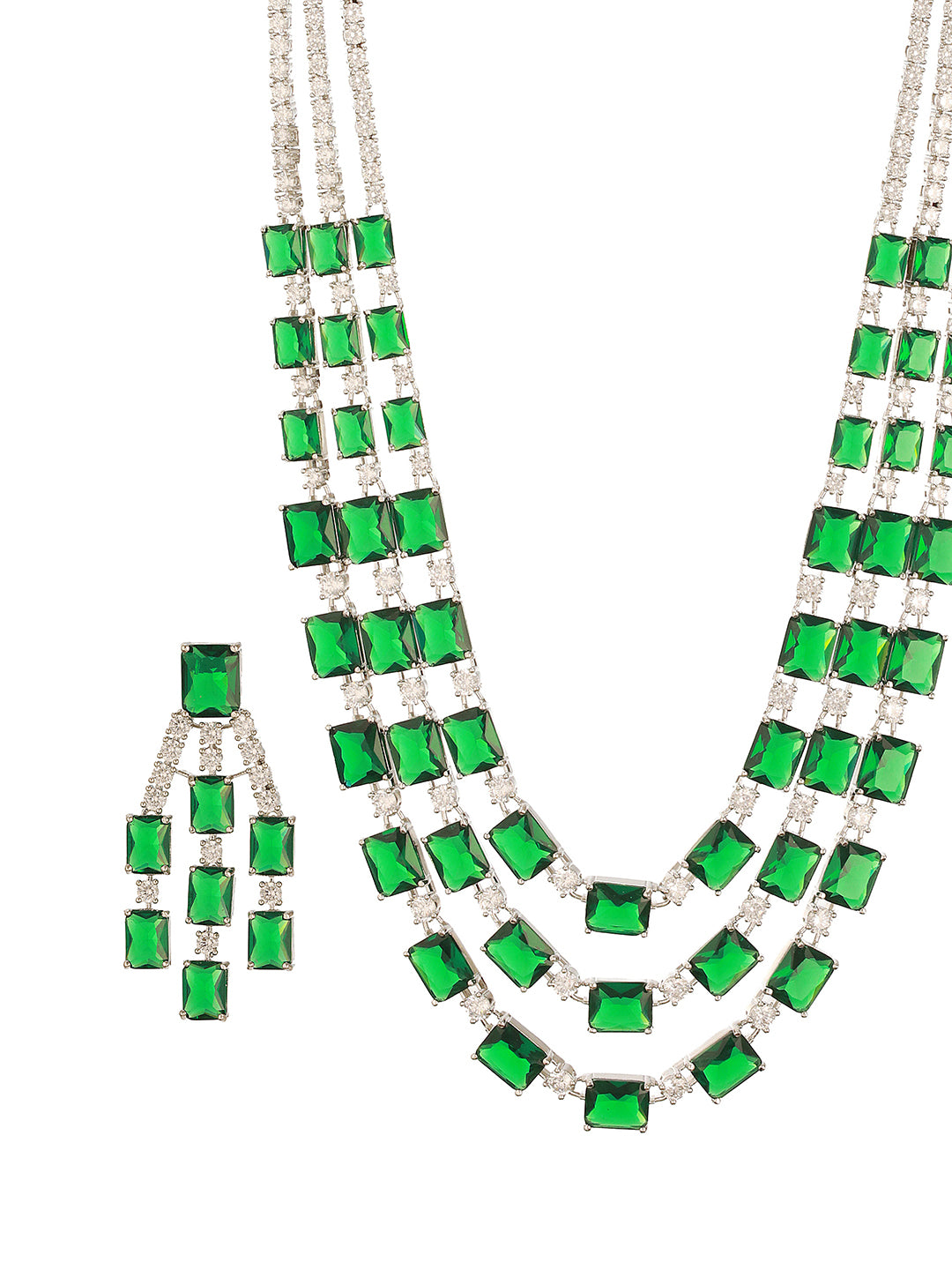 Silver Plated Emerald Green  AD Studded Layered Statement Necklace Jewellery Set