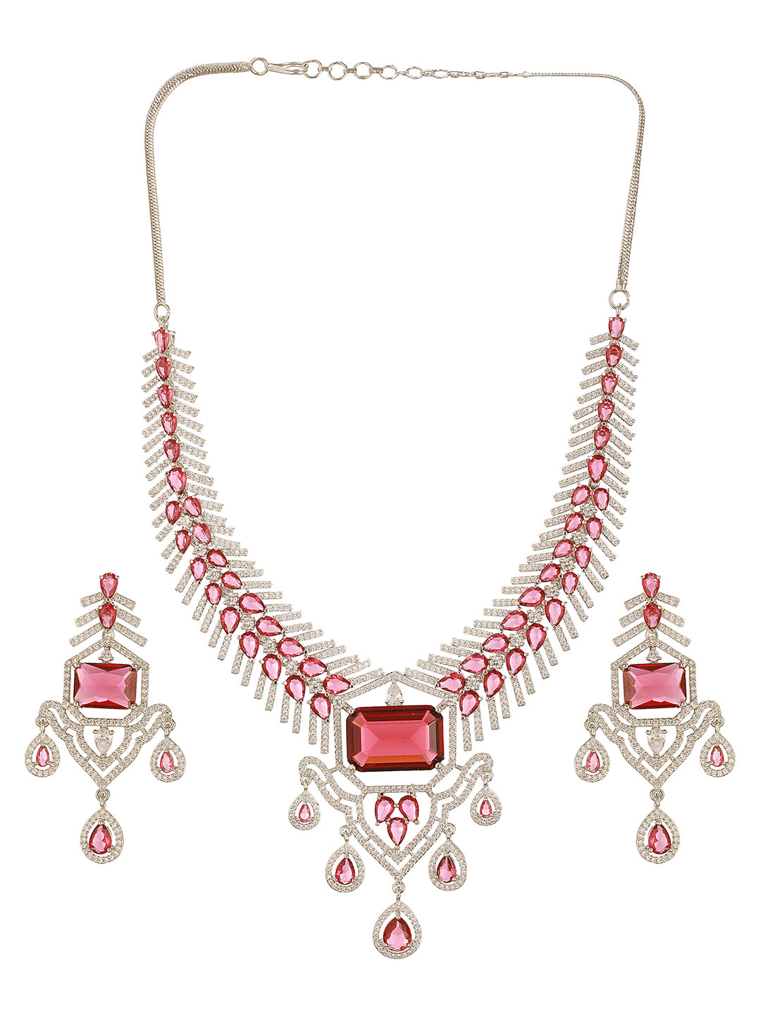 Silver Plated Ruby  Red  AD Studded  Statement Royal  Necklace Jewellery Set