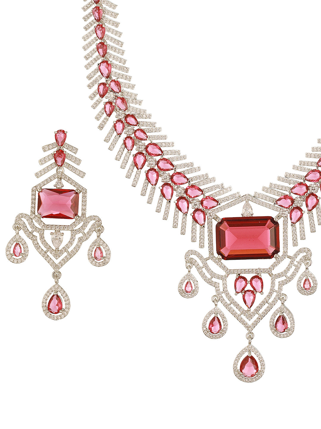 Silver Plated Ruby  Red  AD Studded  Statement Royal  Necklace Jewellery Set