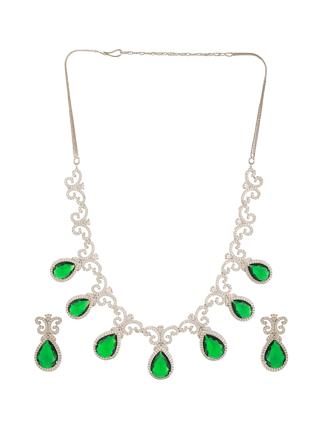Silver Plated Emerald Green  AD Studded Floral Statement Necklace Jewellery Set