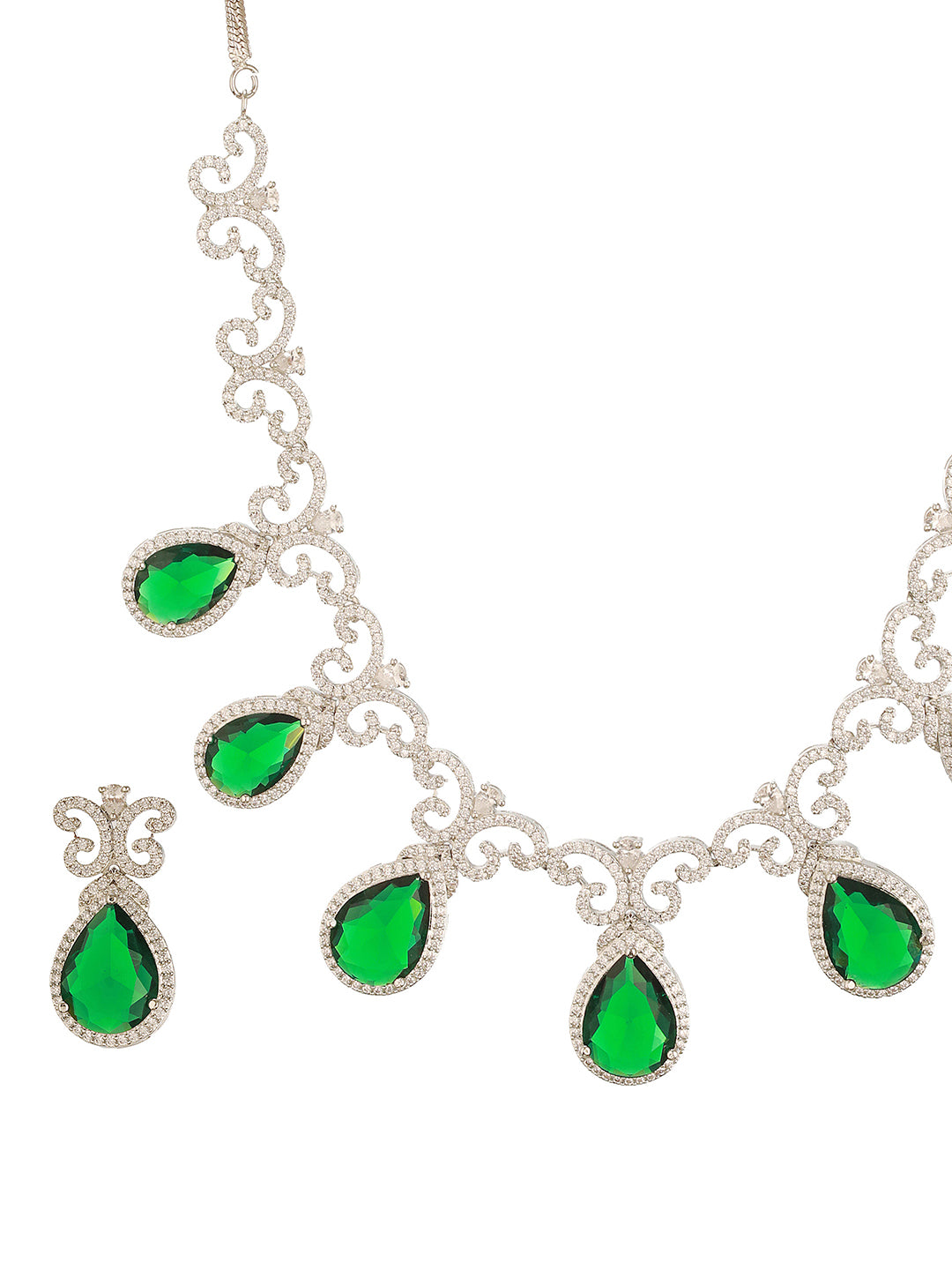 Silver Plated Emerald Green  AD Studded Floral Statement Necklace Jewellery Set