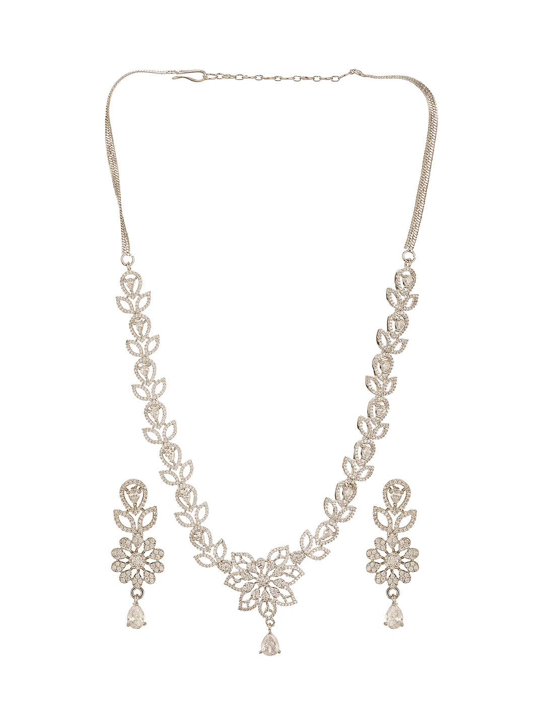 White Rhodium AD Studded Floral Design Statement Pendant Neckalce jewellery Set