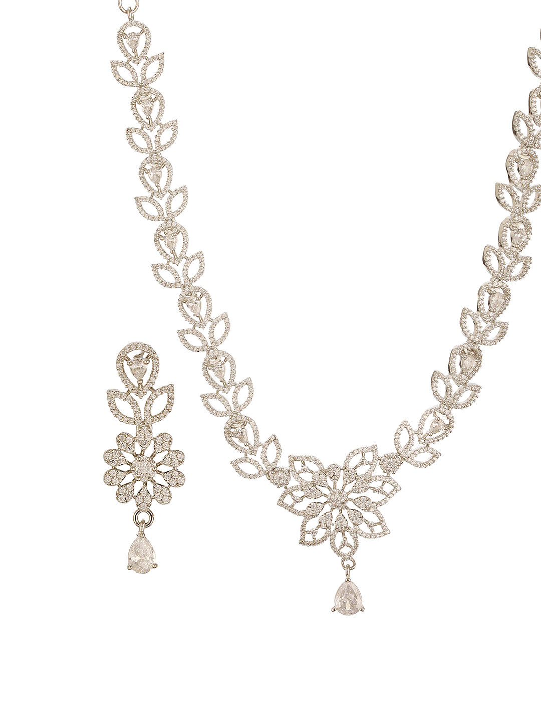 White Rhodium AD Studded Floral Design Statement Pendant Neckalce jewellery Set