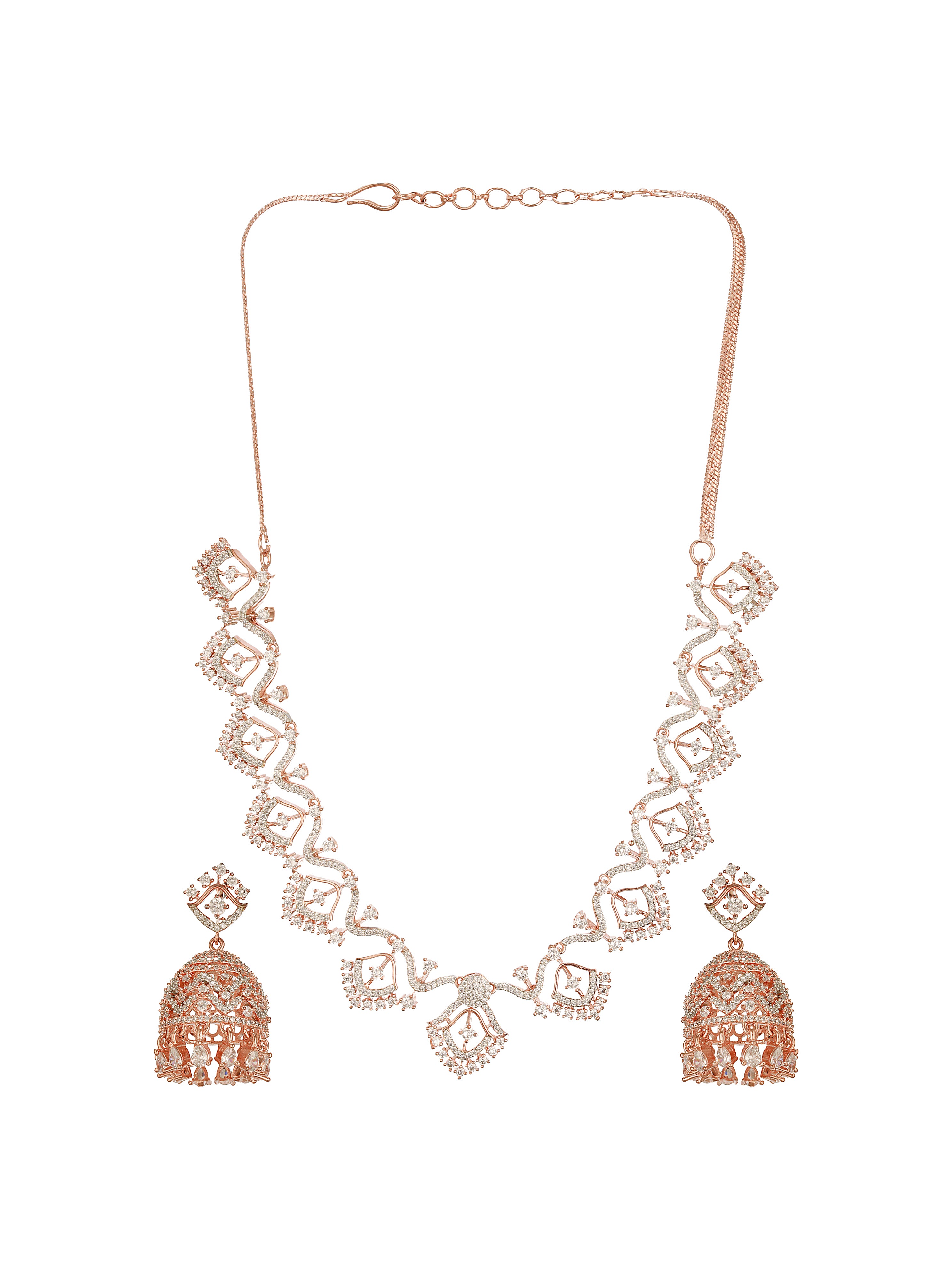 Rose Gold AD  Studded Statement Designer With  Classic Jhumka Earrings Necklace Jewellery Set