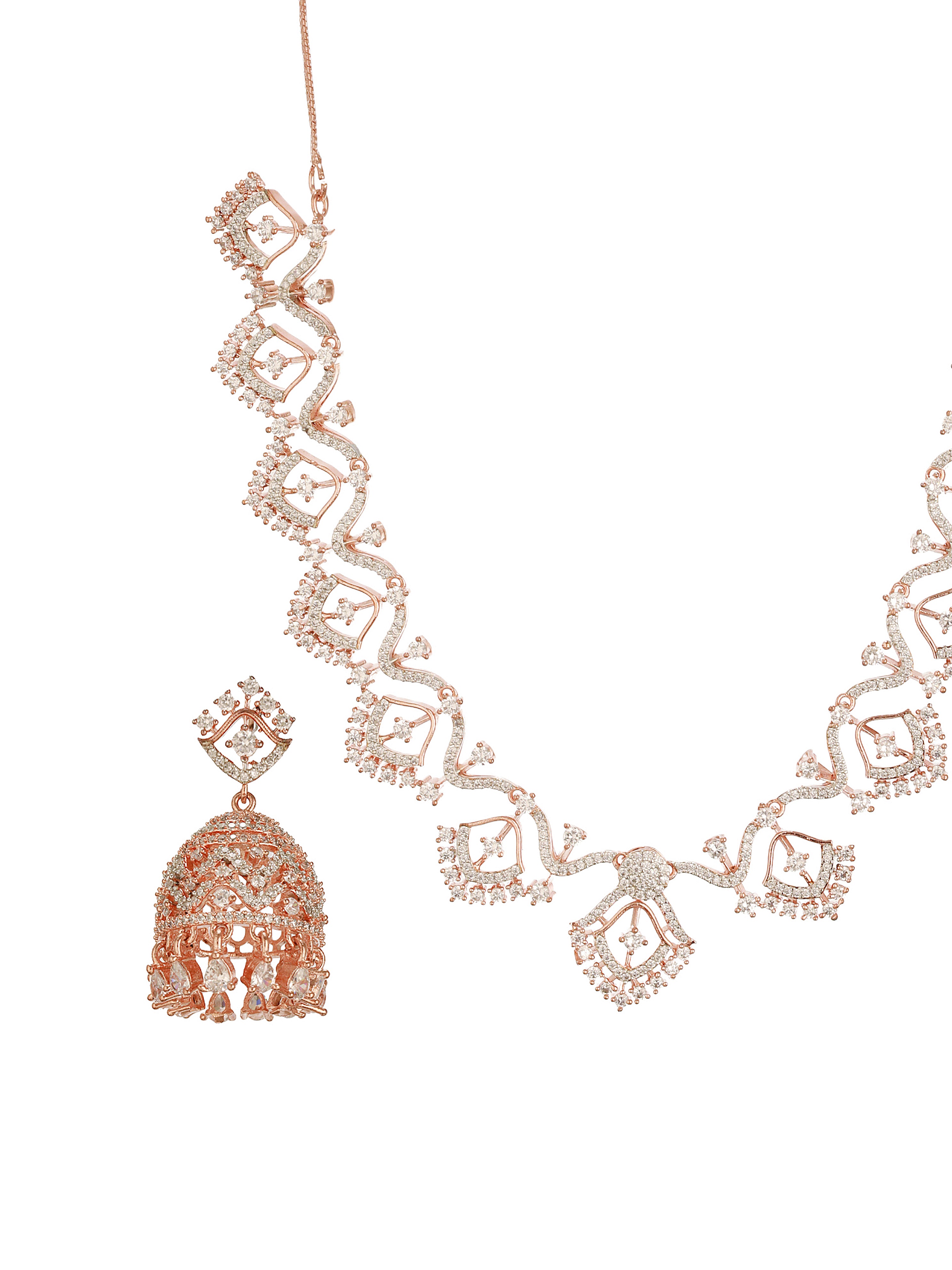Rose Gold AD  Studded Statement Designer With  Classic Jhumka Earrings Necklace Jewellery Set