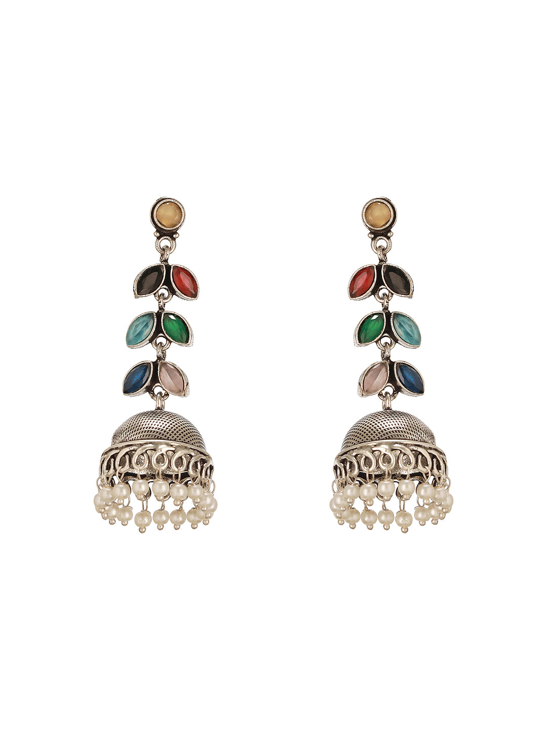 Oxidised Silver Toned Multicolored Handcrafted  Leaf Design Dangler Minimal Jhumka  Earrings