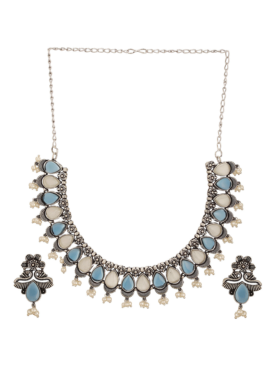 Oxidised Silver Toned Blue & white Stone Studded Statement Tribal Choker Jewellery Set