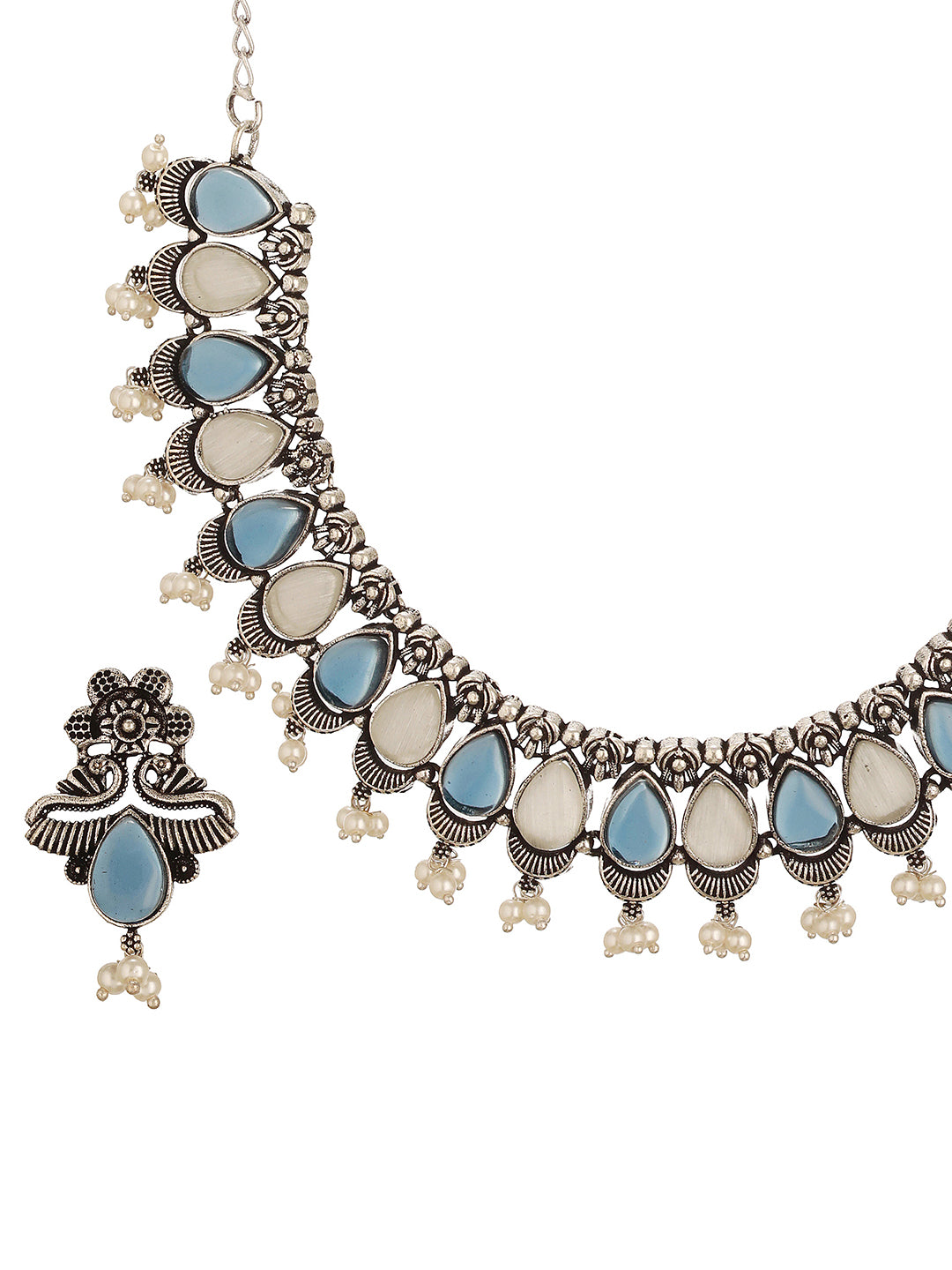 Oxidised Silver Toned Blue & white Stone Studded Statement Tribal Choker Jewellery Set
