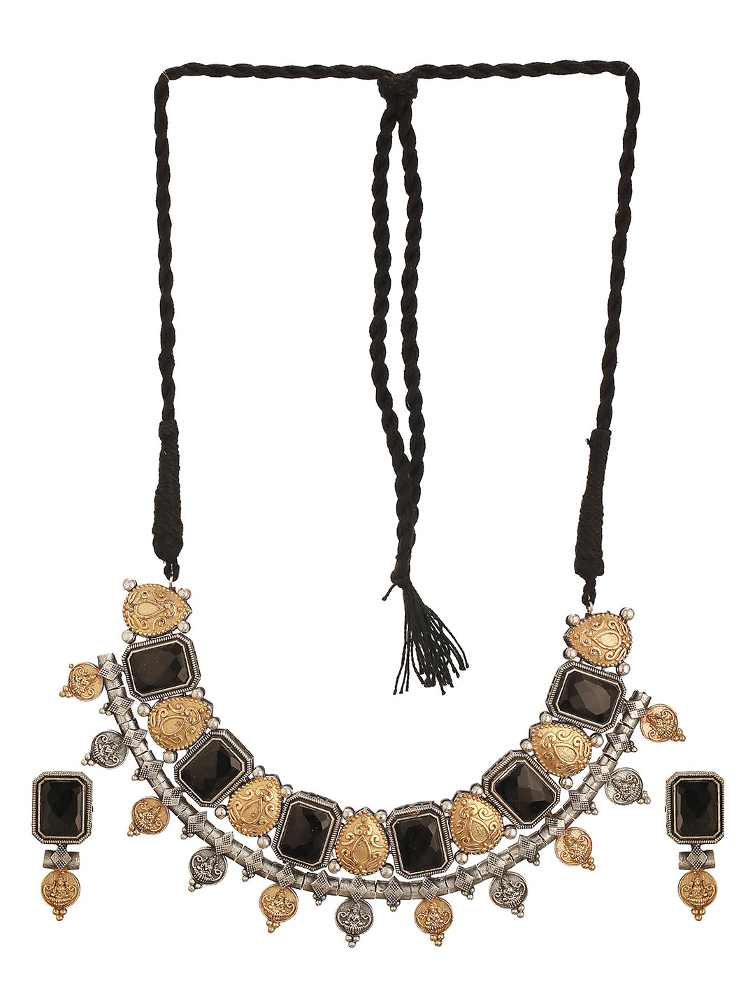 Oxidised Dual Toned Black Stone Studded Contemporary  Tribal  Lakshmiji Motif Choker Jewellery Set