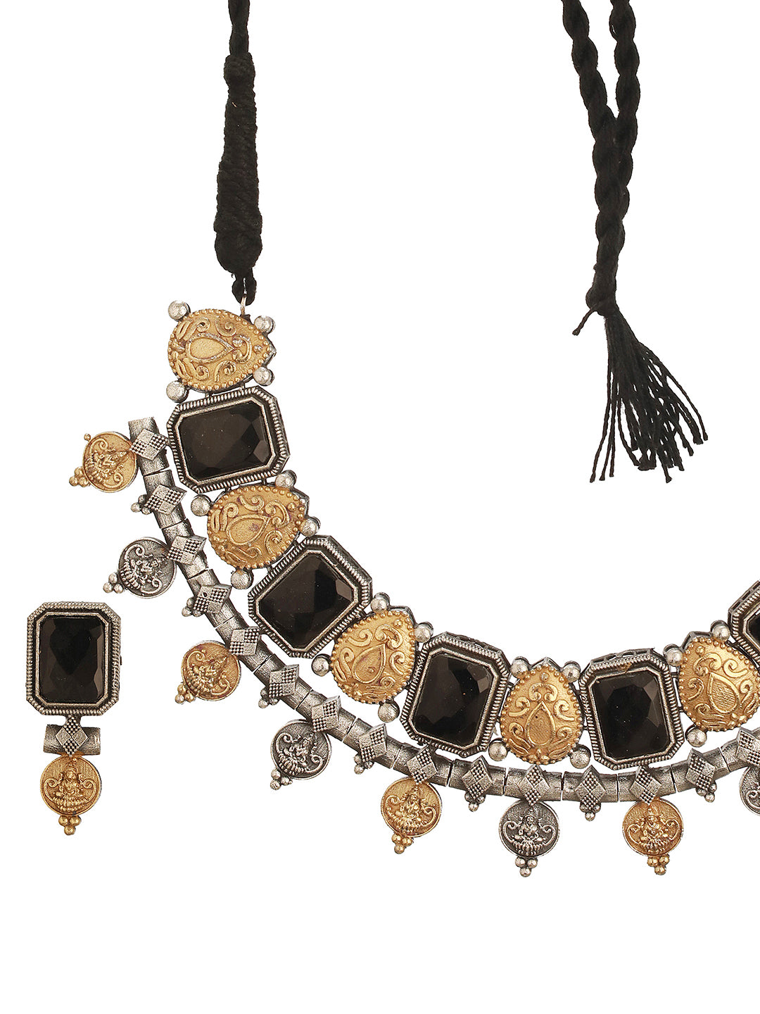 Oxidised Dual Toned Black Stone Studded Contemporary  Tribal  Lakshmiji Motif Choker Jewellery Set