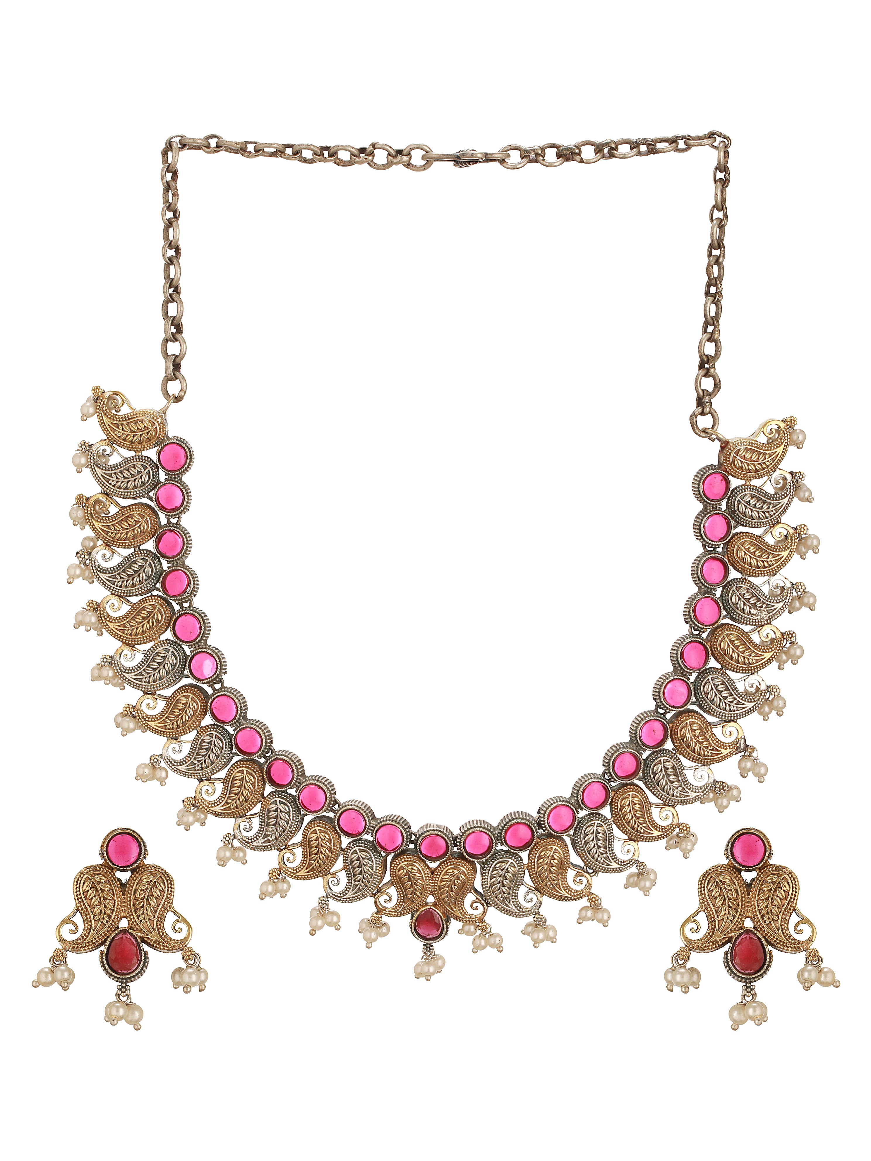 Oxidised Dual Toned Red Stoned Mango Design Statement Choker Jewellery Set