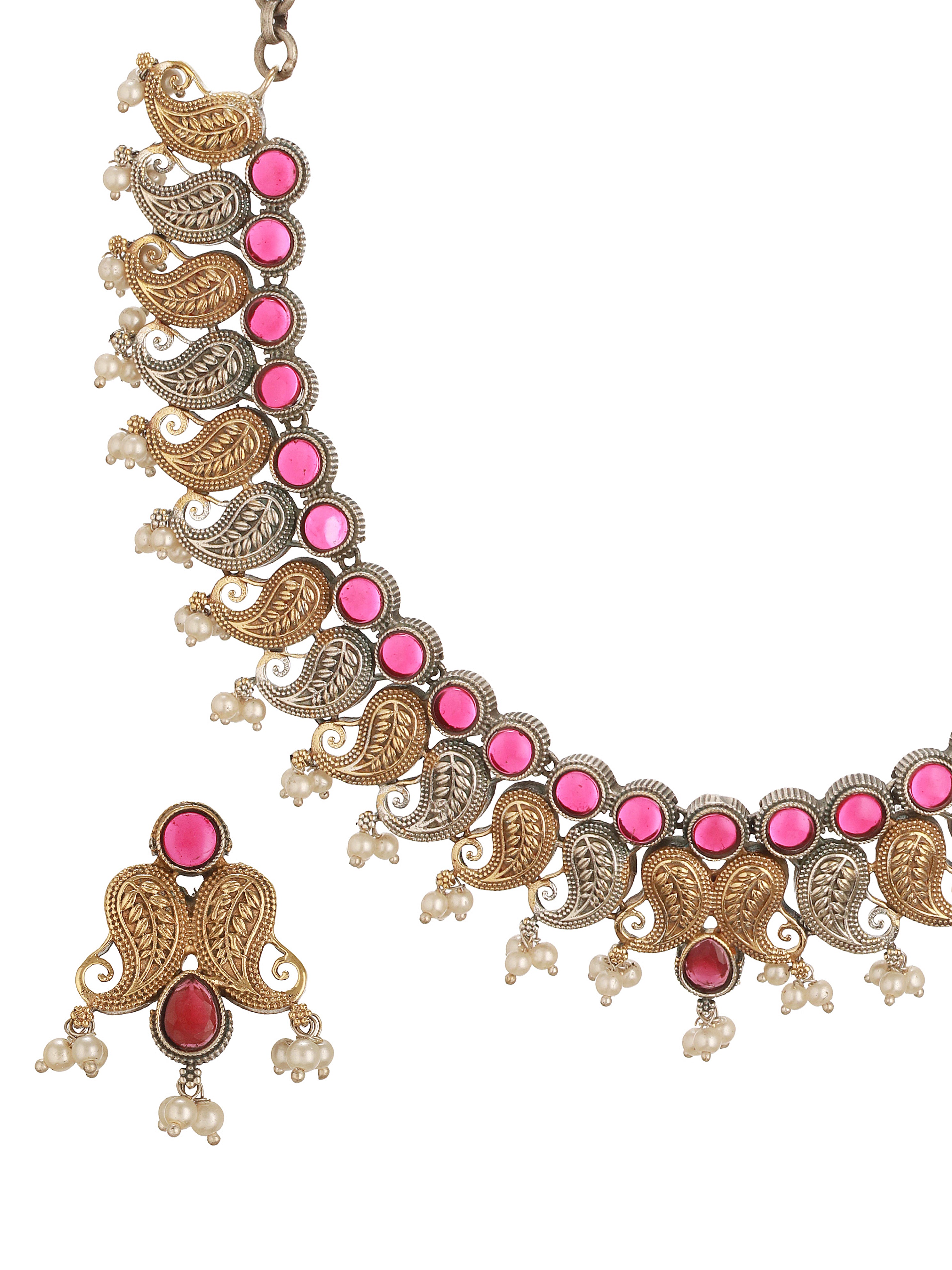 Oxidised Dual Toned Red Stoned Mango Design Statement Choker Jewellery Set