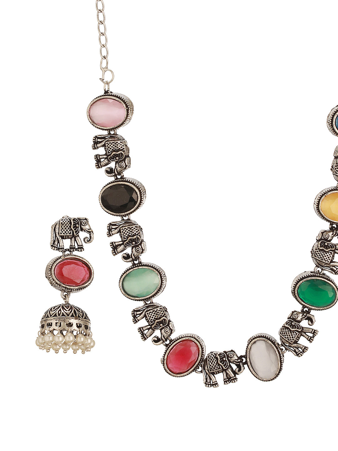 Oxidised Silver Toned Navratan Multicolored Elephant Motif Statement Choker Jewellery Set