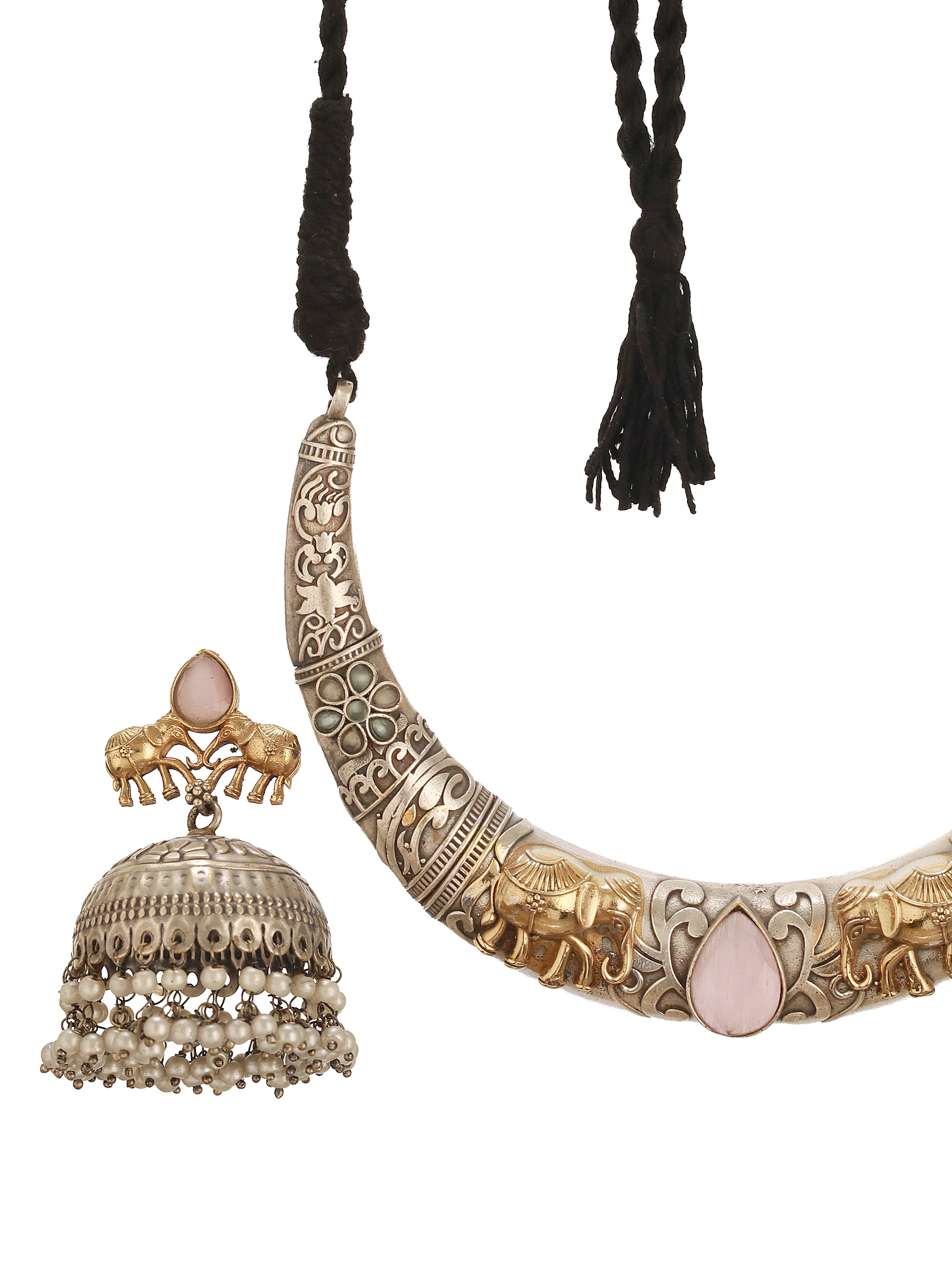 Oxidised Silver Plated Fusion Contemporary  Elephant Motif Statement Hasli With Jhumka Jewellery Set