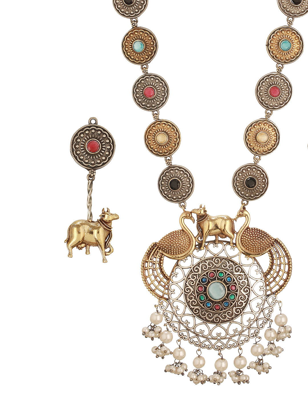 Oxidised Dual Toned Statement Peacock & Bull Motif Tribal Haram Pendant Style Jewellery Set