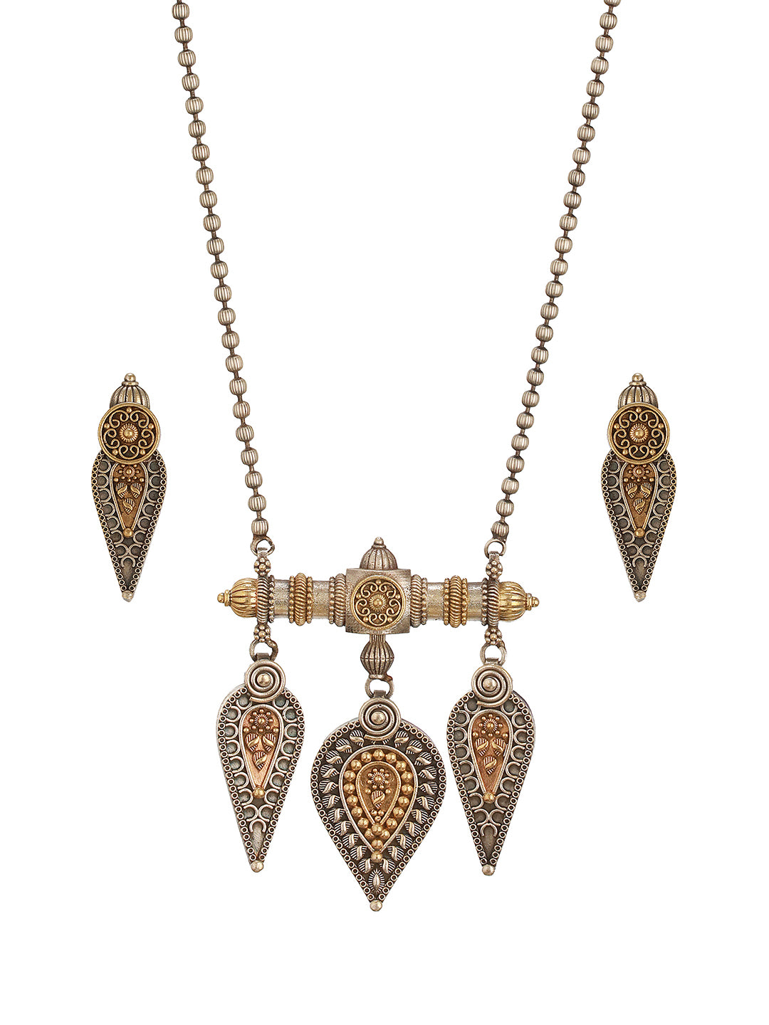 Oxidised Dual Toned Long Haram Leafy  Statement Tribal Pendant Jewellery Set