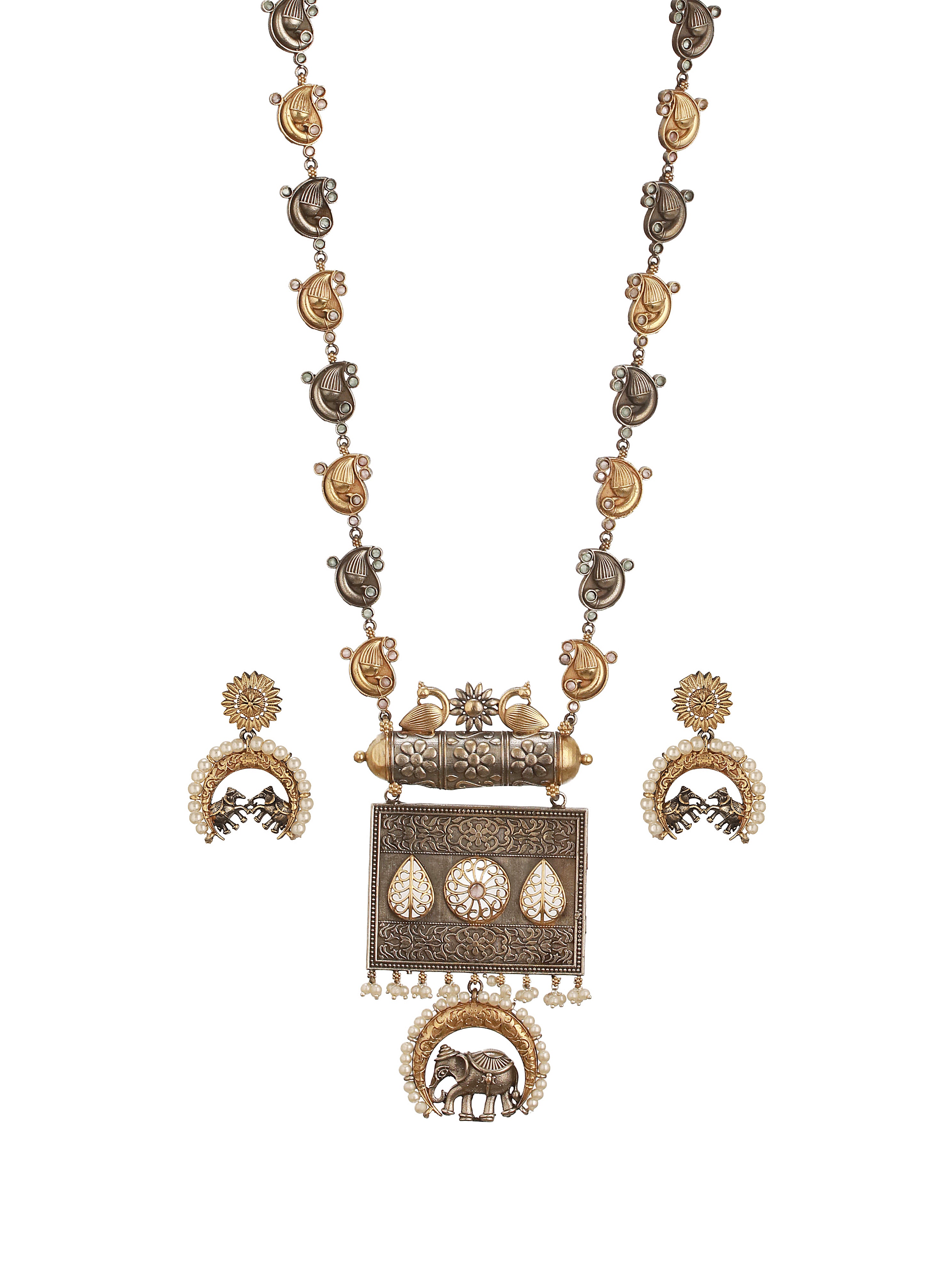 Oxidised Dual Toned Statement Fusion Tribal Elephant Leafy Contemporary Long Pendant Jewellery Set