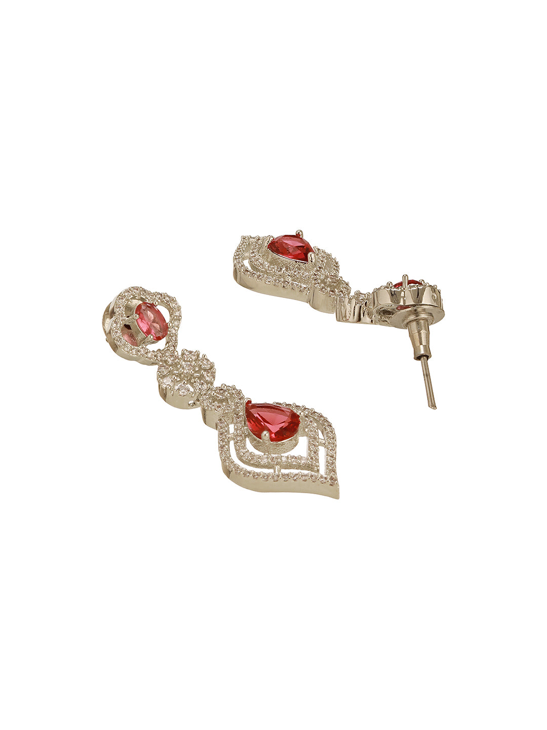 Silver Toned Ruby Red AD Studded Statement Bridal Layered Necklace Jewellery Set