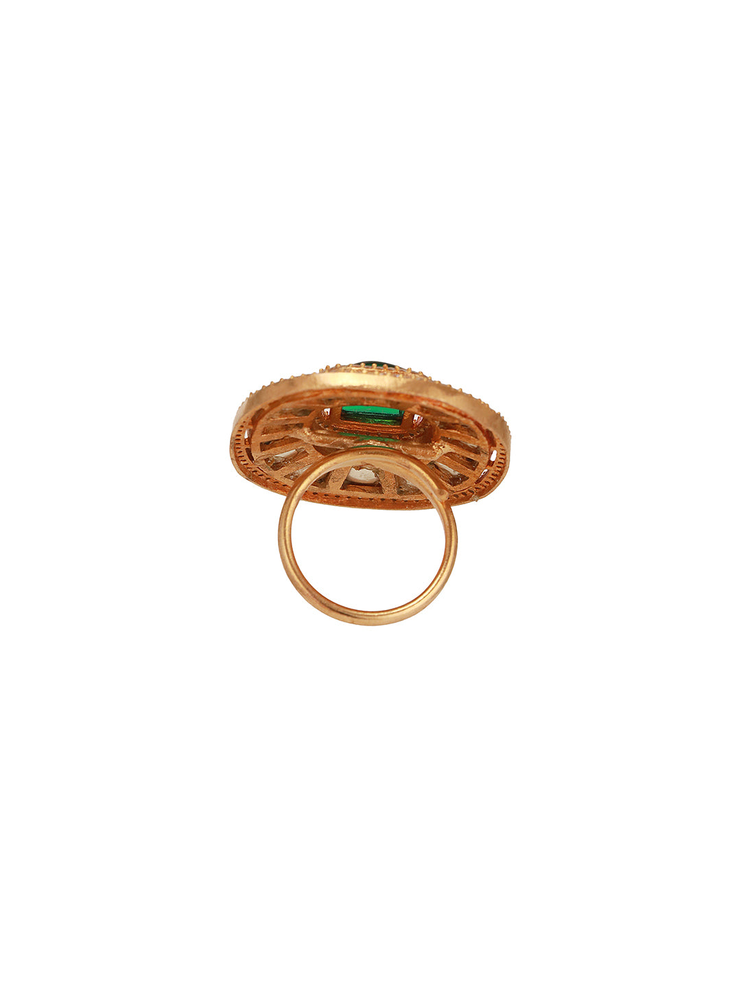 Gold Plated Green Emerald Kundan Studded Geometric Adjustable Cocktail Finger Ring
