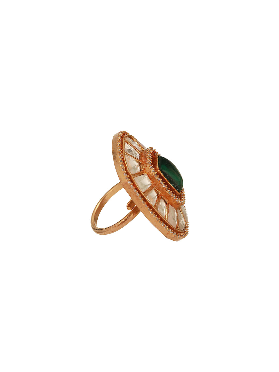 Gold Plated Green Emerald Kundan Studded Geometric Adjustable Cocktail Finger Ring