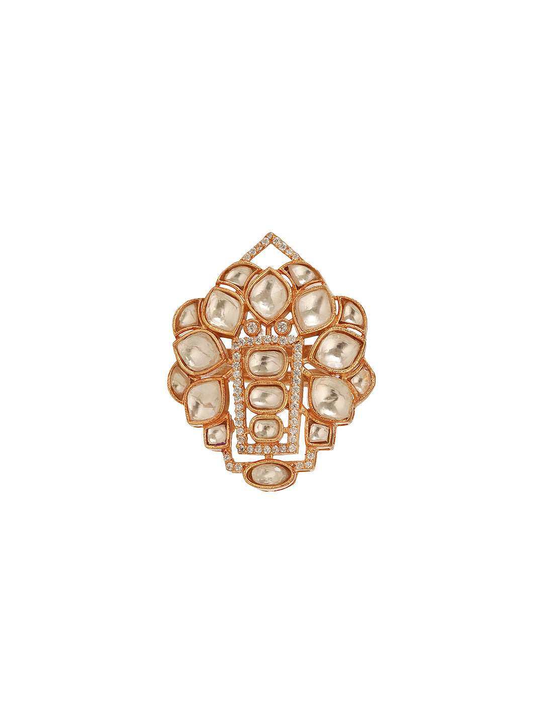Gold Plated Uncut Polki Kundan Mossanite Studded Designer  Floral Adjustable Finger Ring