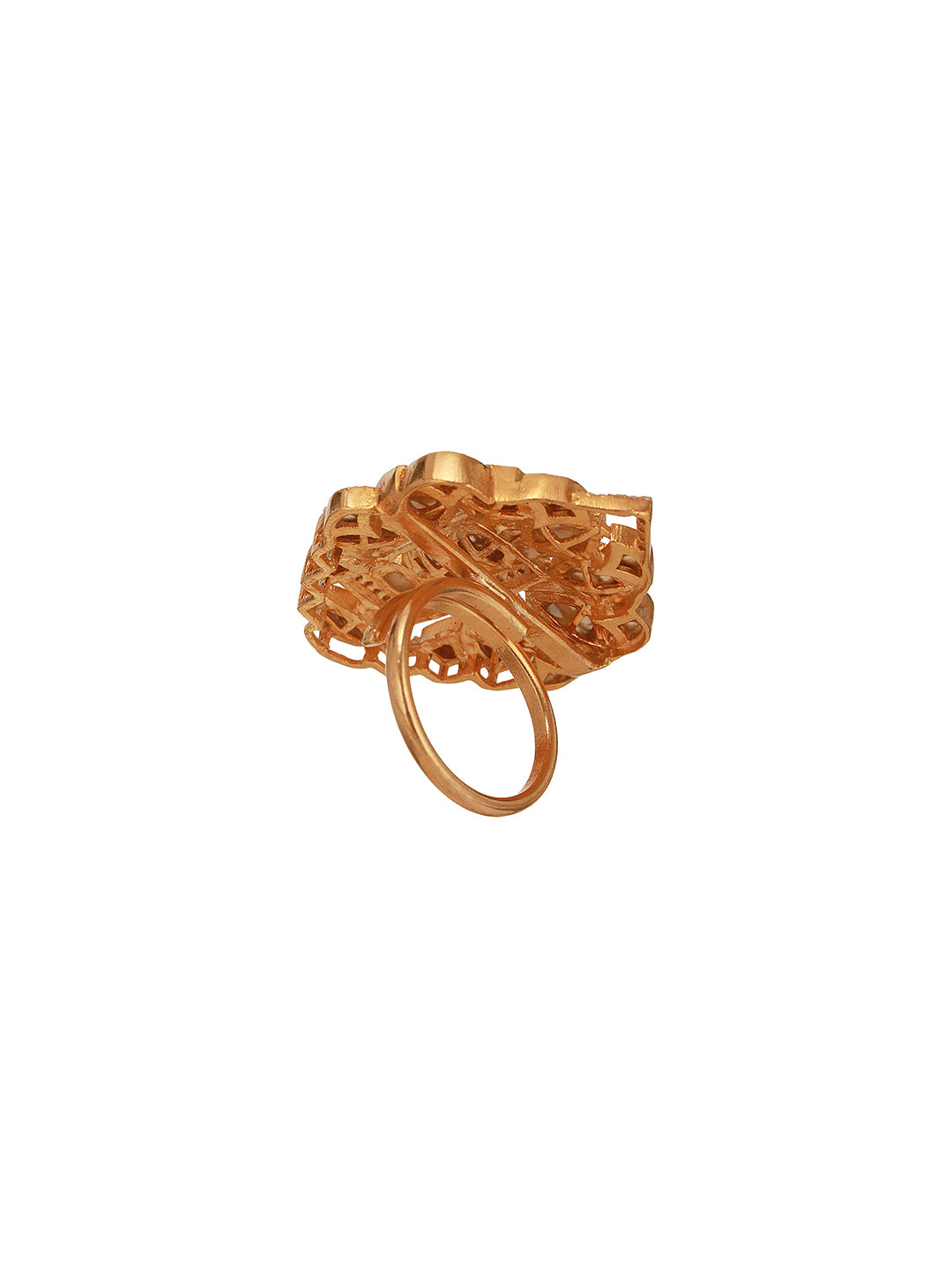 Gold Plated Uncut Polki Kundan Mossanite Studded Designer  Floral Adjustable Finger Ring