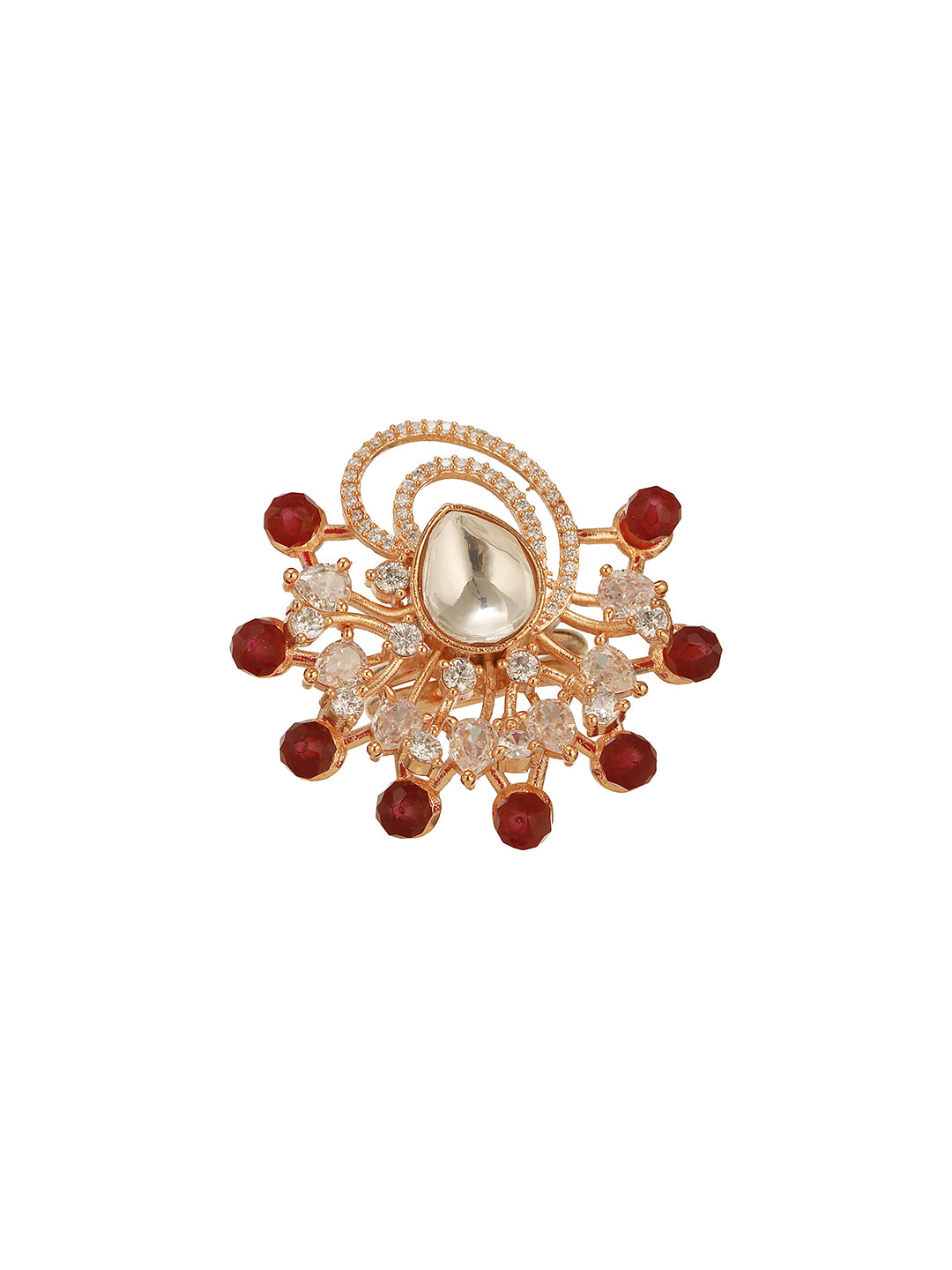 Gold Plated Kundan Red Beads Studded Floral Adjustable Cocktail Finger Ring