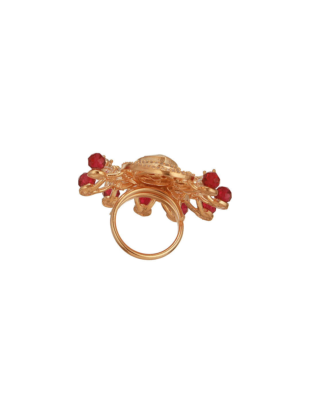 Gold Plated Kundan Red Beads Studded Floral Adjustable Cocktail Finger Ring