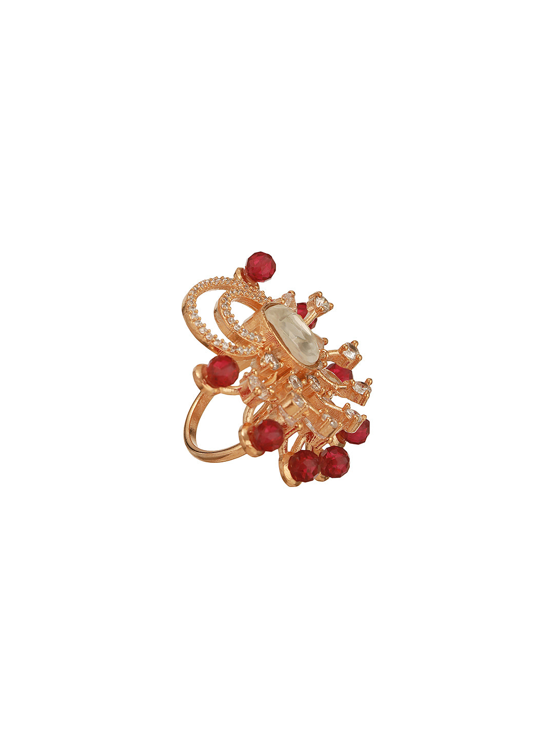 Gold Plated Kundan Red Beads Studded Floral Adjustable Cocktail Finger Ring
