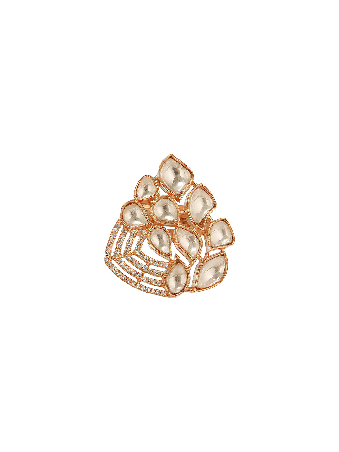 Gold Plated Uncut Polki Mossanite Kundan Studded Adjustable Cocktail Finger Ring