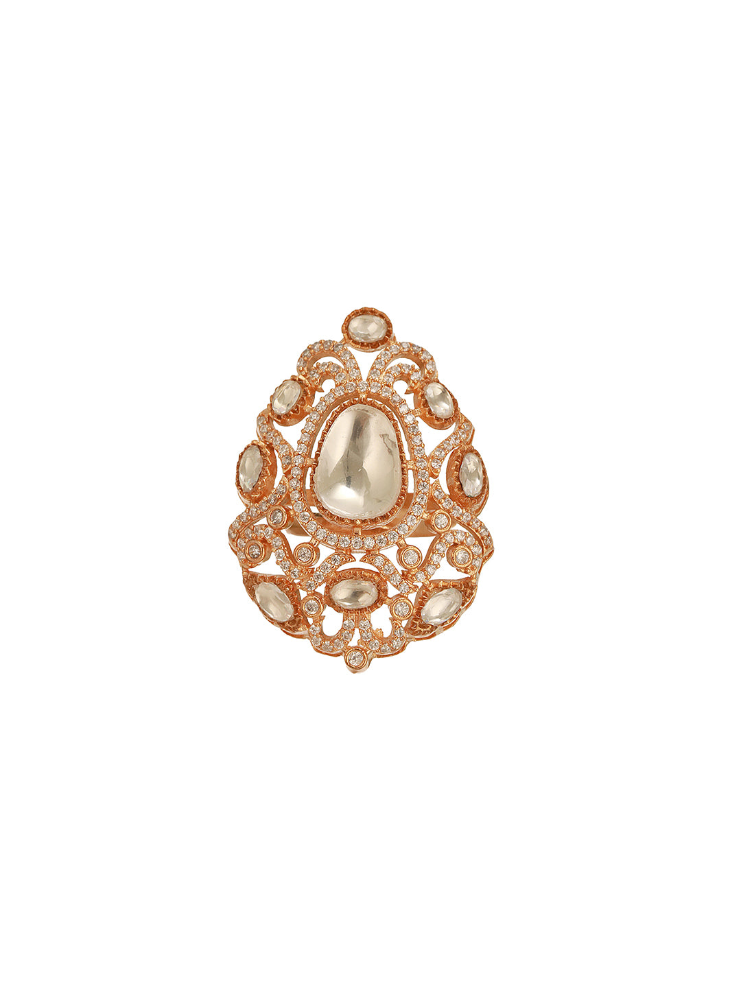 Gold Plated Kundan  Moissanite Studded Filigree Luxe Tilak Shaped Cocktail Finger Ring