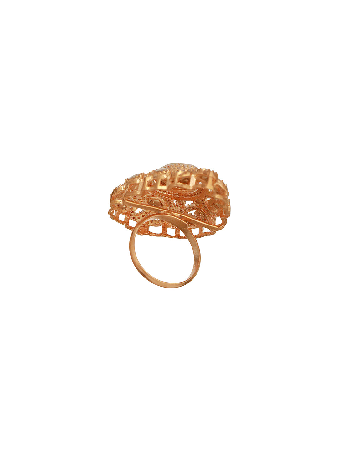 Gold Plated Kundan  Moissanite Studded Filigree Luxe Tilak Shaped Cocktail Finger Ring