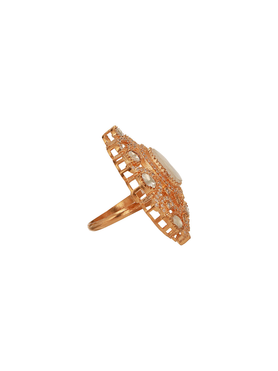 Gold Plated Kundan  Moissanite Studded Filigree Luxe Tilak Shaped Cocktail Finger Ring