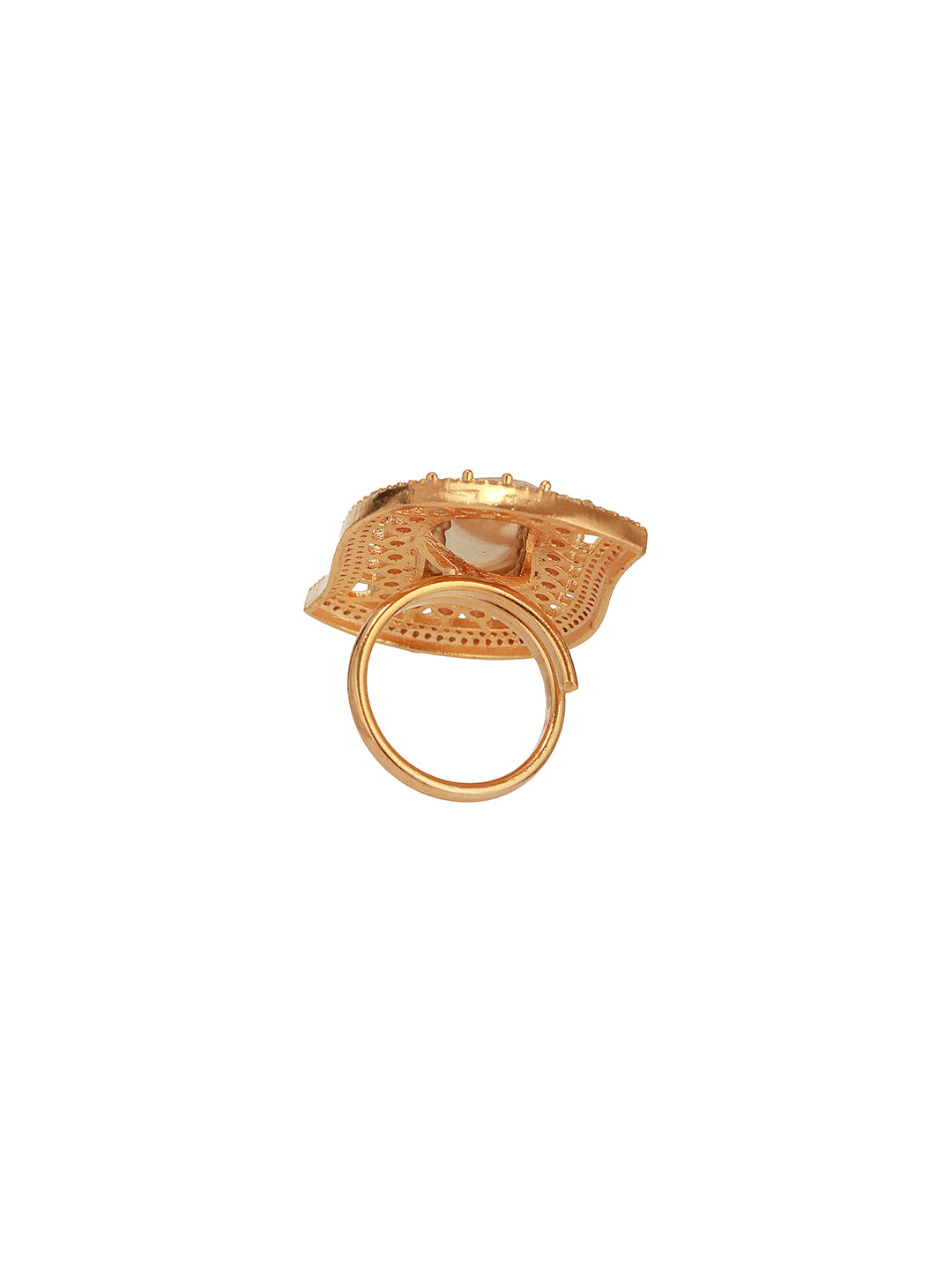 Gold Plated Uncut Kundan Polki Mossanite & Zircon Studded Luxe Quirky Adjustable Finger Ring