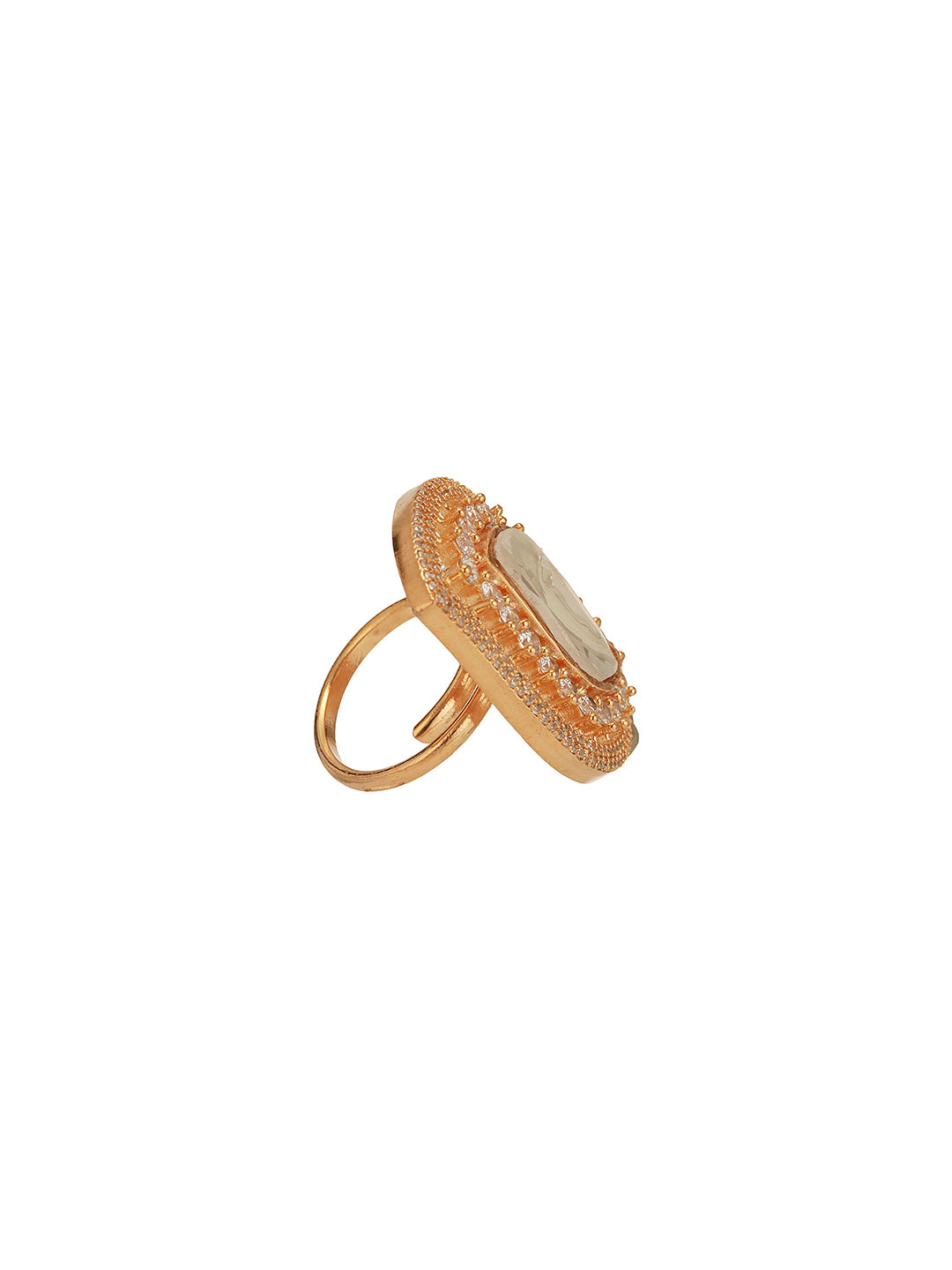 Gold Plated Uncut Kundan Polki Mossanite & Zircon Studded Luxe Quirky Adjustable Finger Ring