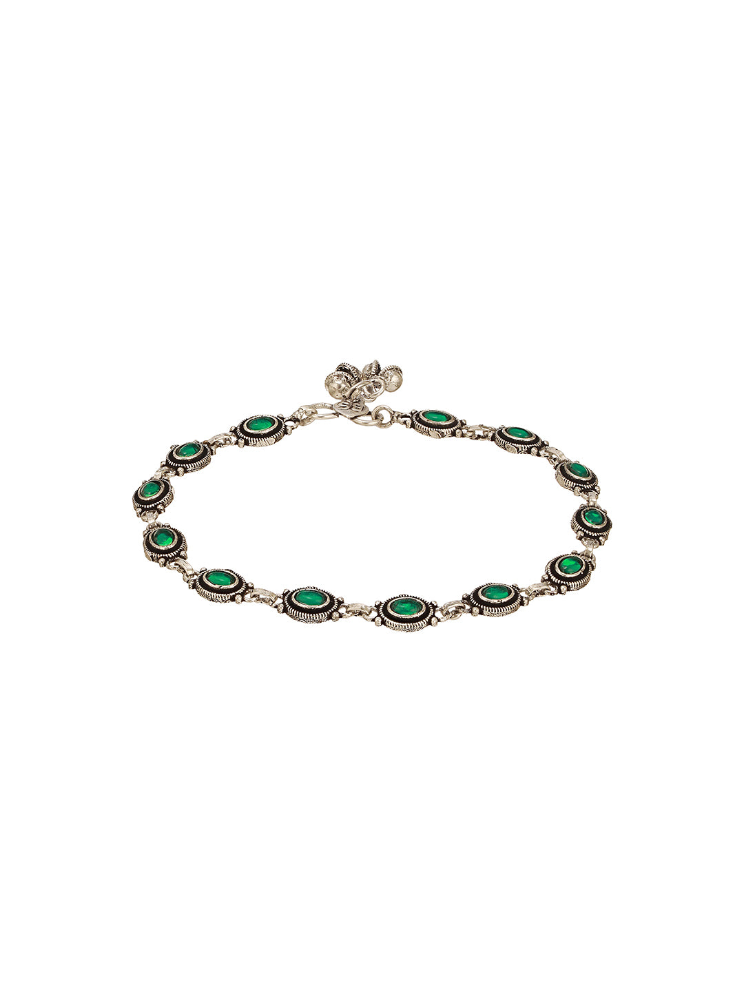 Set of 2 Silver Oxidised Emerald Green Stone Studded Oval Minimal Dailywear Anklet Payal