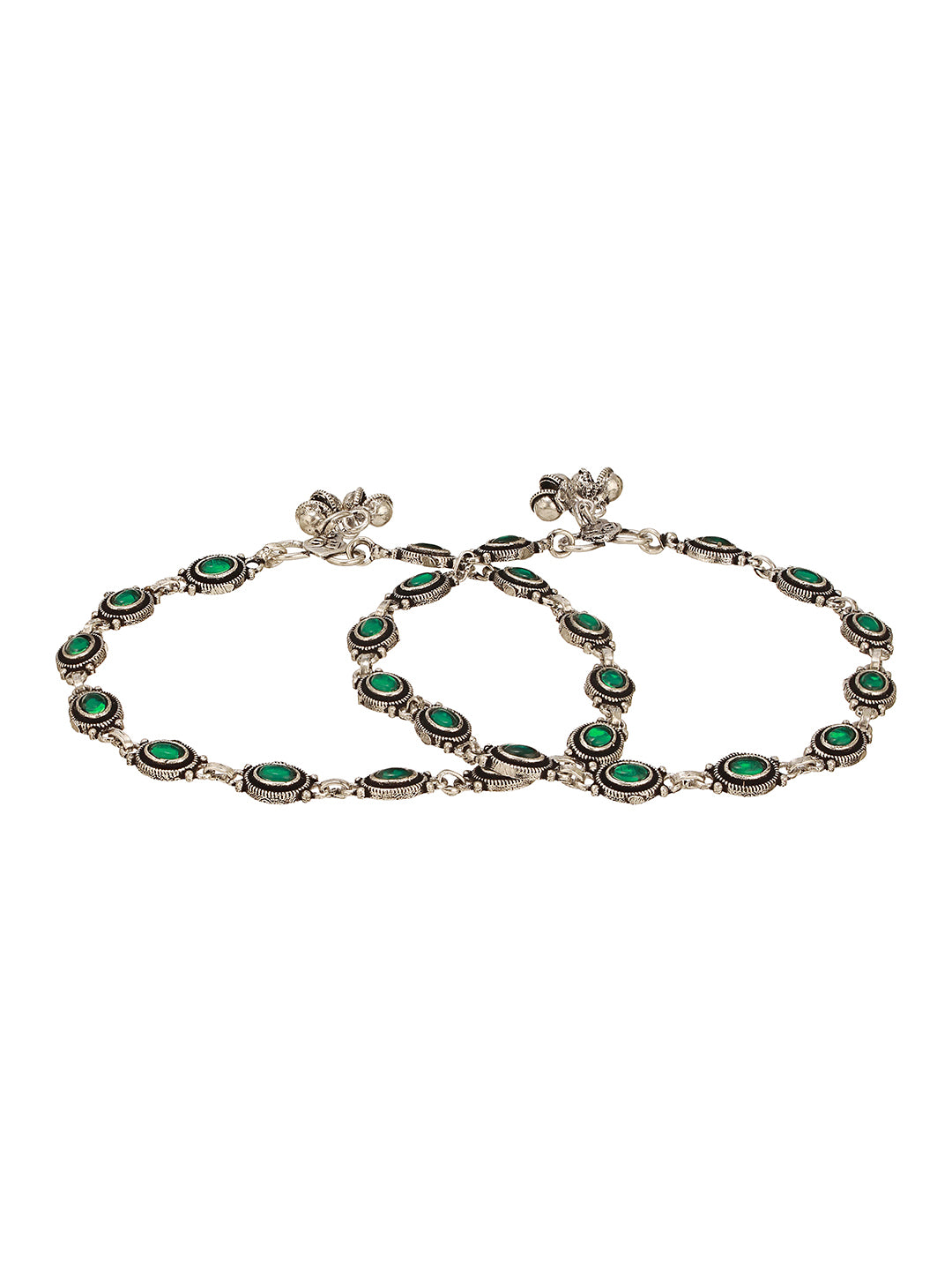 Set of 2 Silver Oxidised Emerald Green Stone Studded Oval Minimal Dailywear Anklet Payal