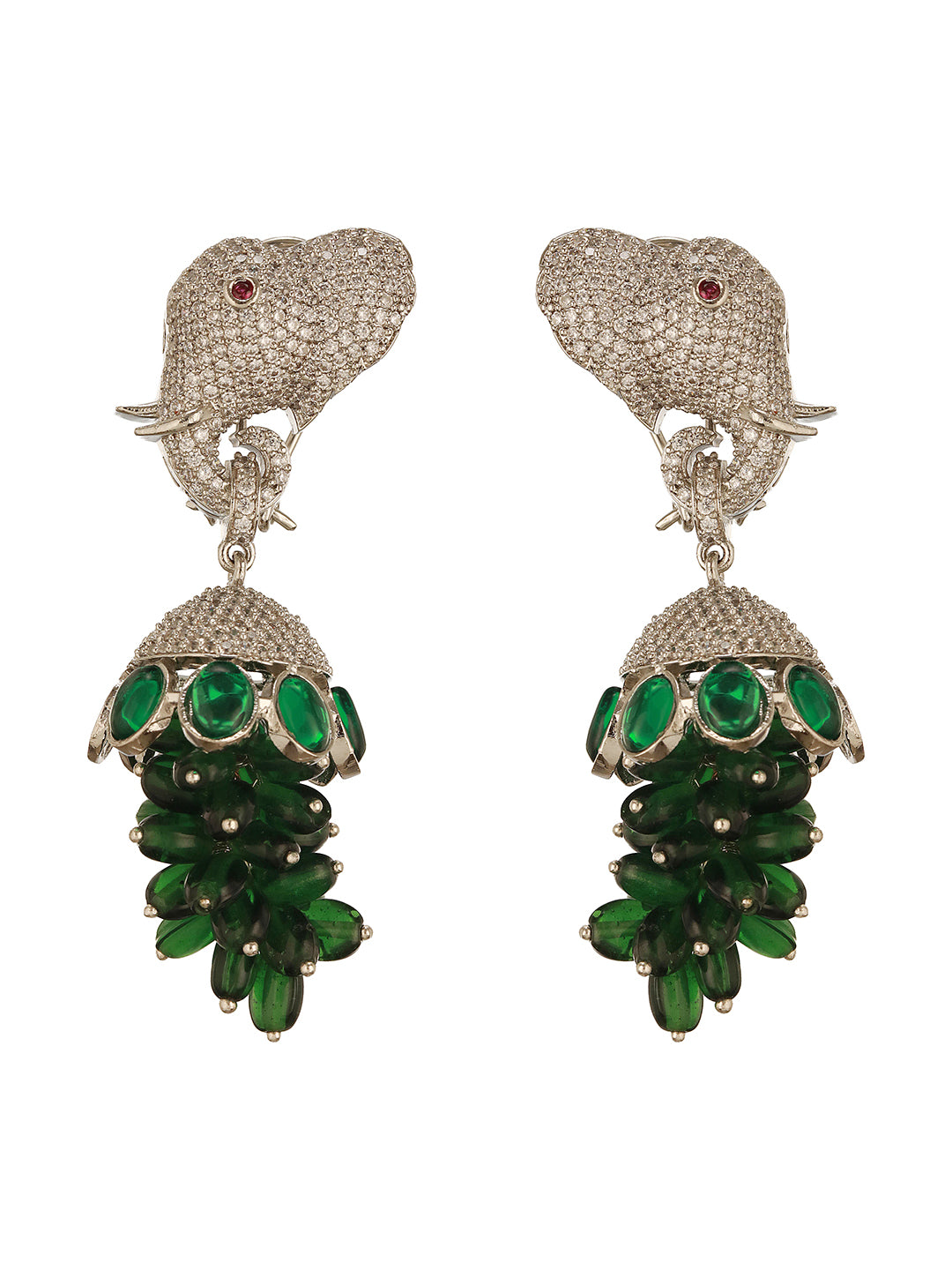 Silver Plated Green Emerald Green AD Zircon Studded Designer Elephant Motif Dangler Earrings