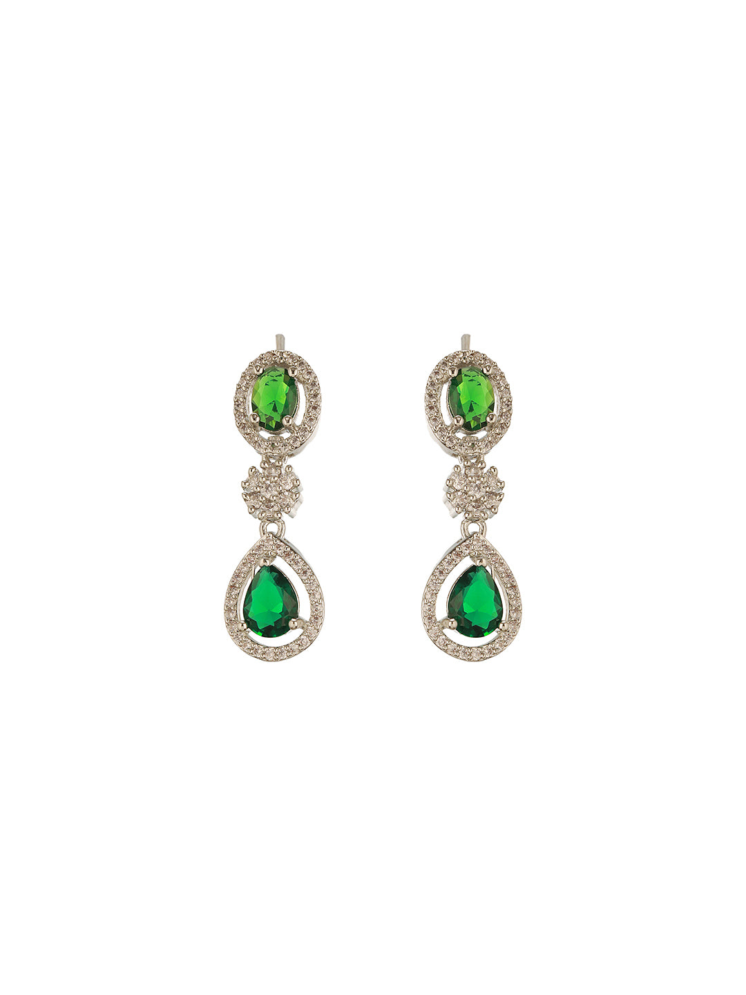 Silver Toned Emerald Green Zircon AD Studded Layered Bridesmaid Statement Jewellery Set