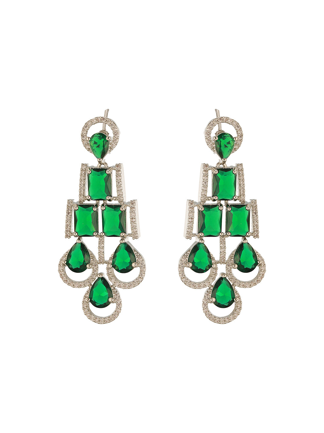 Silver Toned Emerald Green Zircon AD Studded Layered Drop Designer Statement Necklace Jewellery Set
